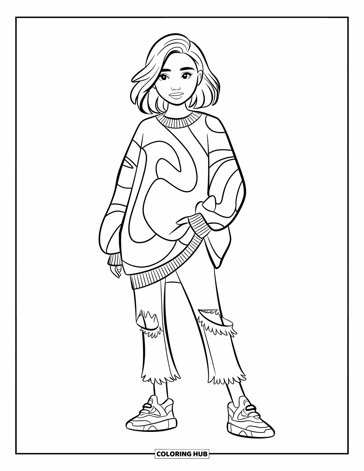 Disegno da colorare di moda per ragazze: una ragazza con un maglione oversize e jeans strappati è in piedi con aria disinvolta su uno sfondo urbano ed elegante