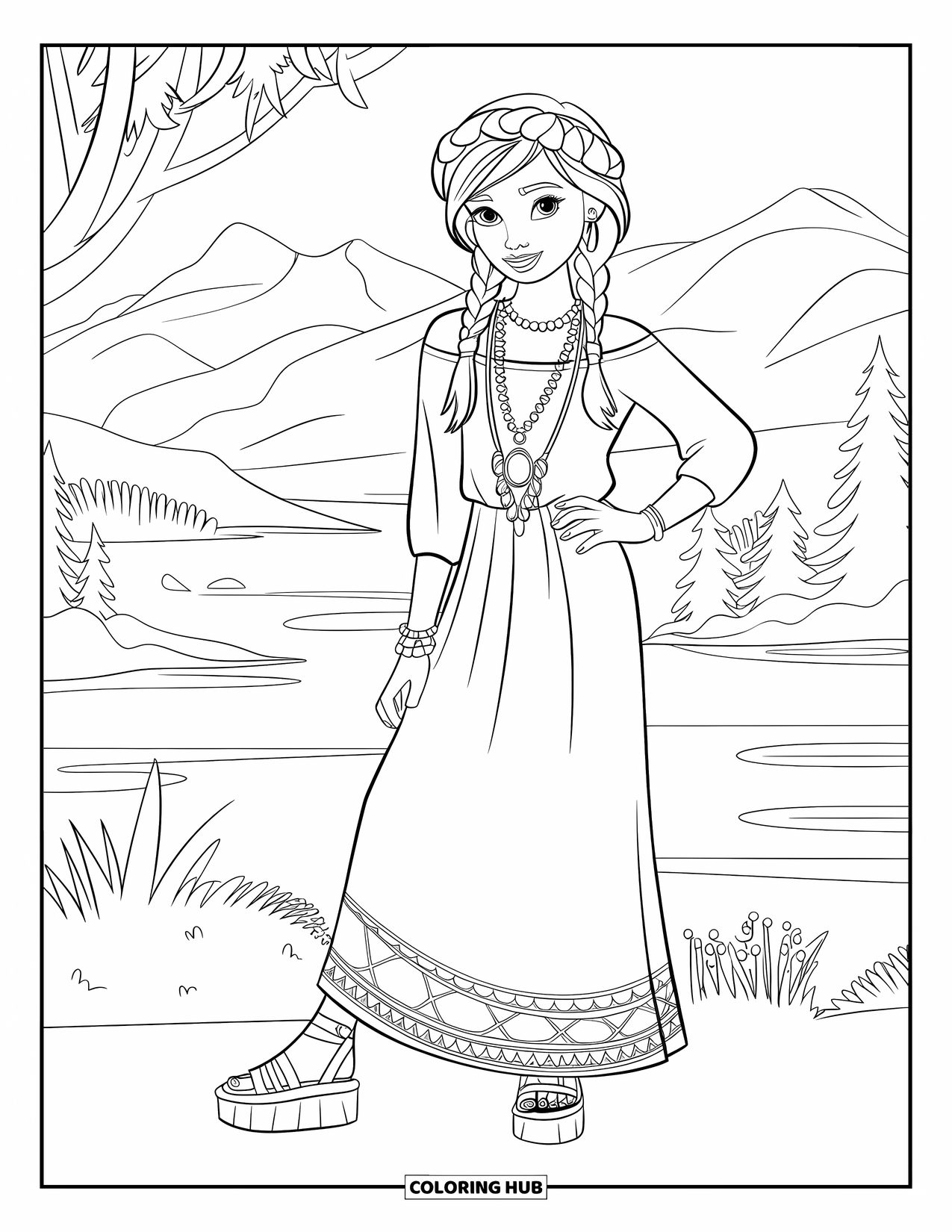 Disegno da colorare di moda per ragazze: una ragazza alla moda con un maxi abito boho e trecce è in piedi con un'espressione serena nella natura