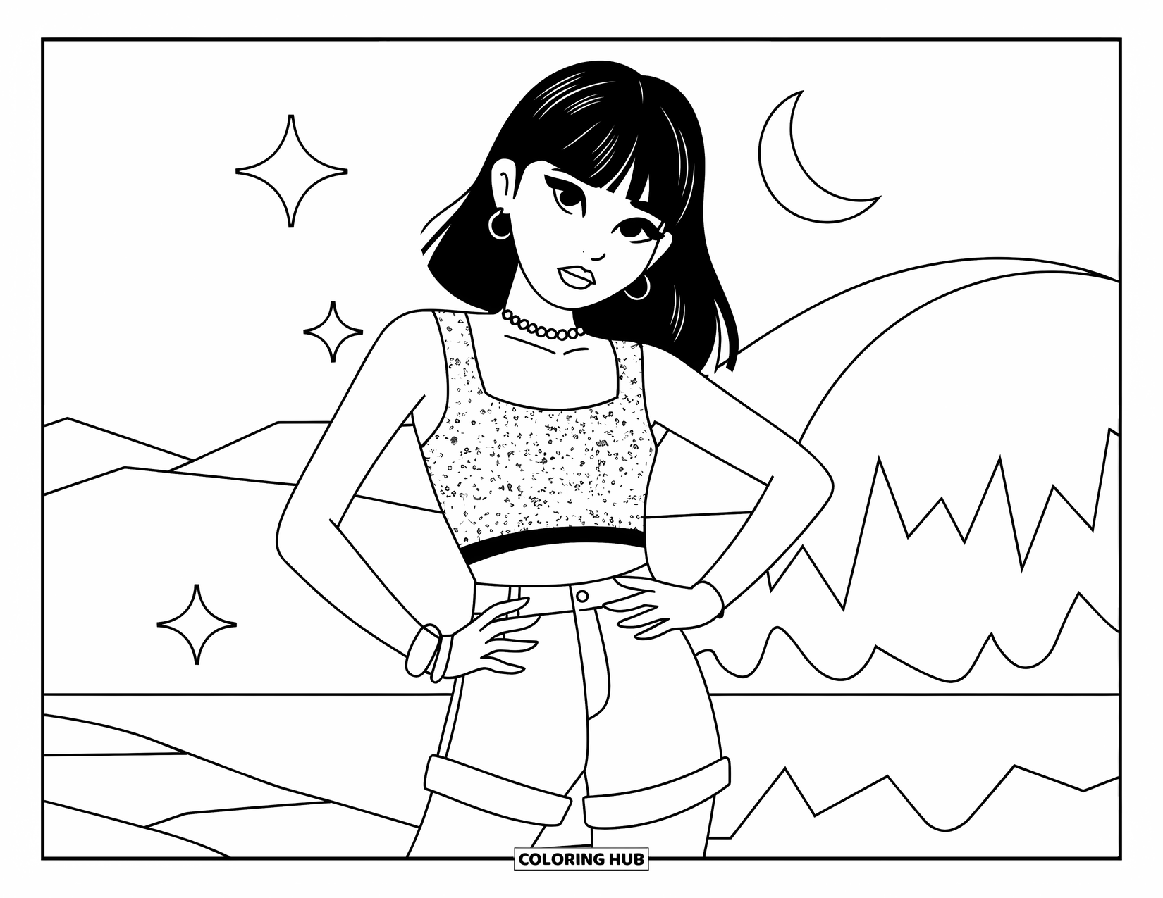 Disegno da colorare di moda per ragazze: una ragazza alla moda con un top corto e pantaloncini è in piedi con un'espressione luminosa su uno sfondo stellato