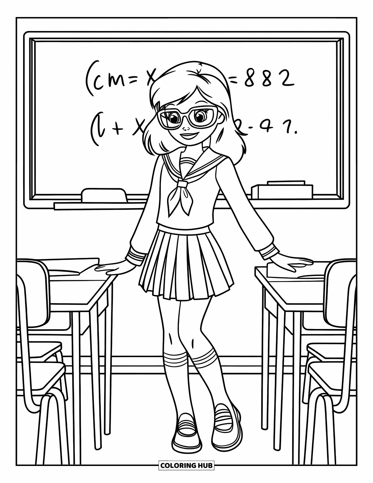 Disegno da colorare di moda per ragazze: una ragazza alla moda con un abito da marinaio e calzini al ginocchio è in piedi con eleganza e fascino