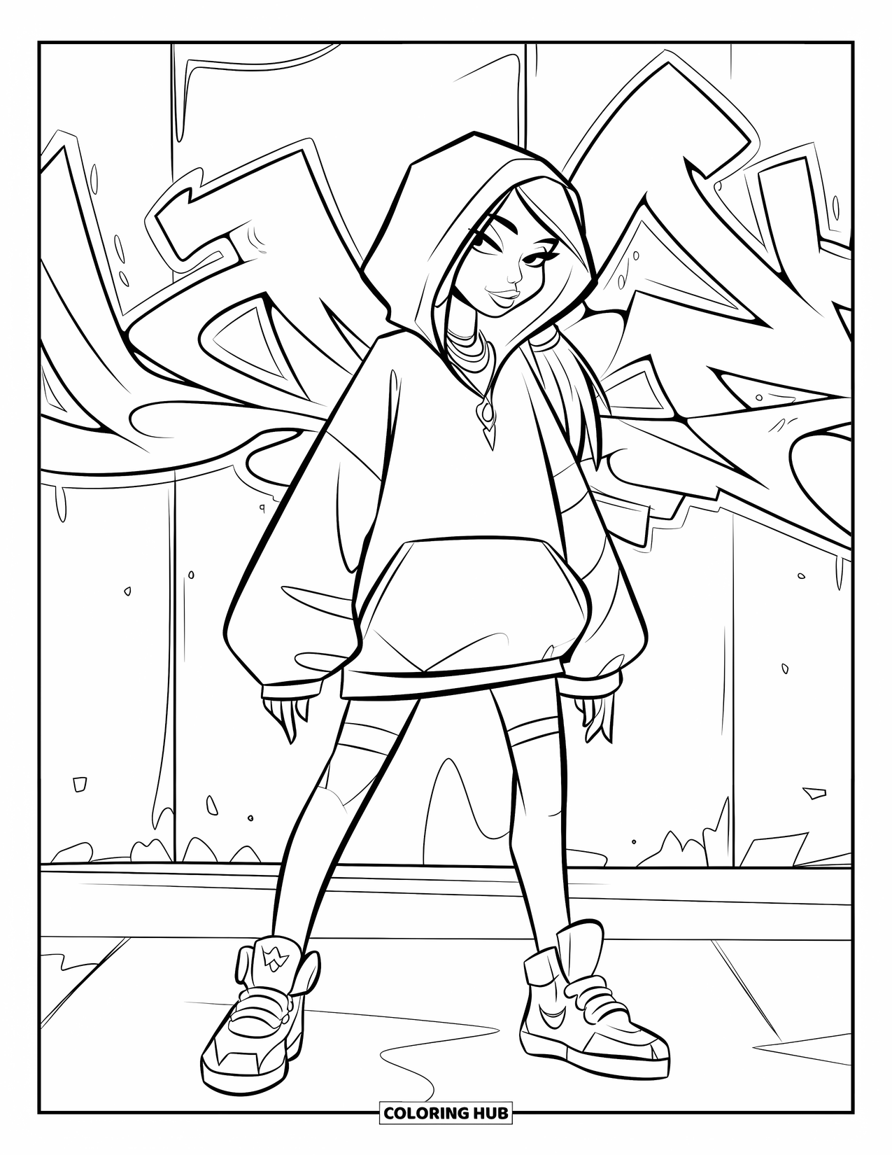 Disegno da colorare di moda per ragazze: una ragazza alla moda con una felpa oversize e scarpe da ginnastica assume una posa cool in un ambiente moderno