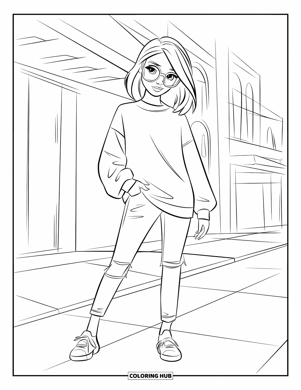 Disegno da colorare di moda per ragazze: una ragazza alla moda con un abbigliamento moderno e audace si gode l'atmosfera della città in una posa rilassata