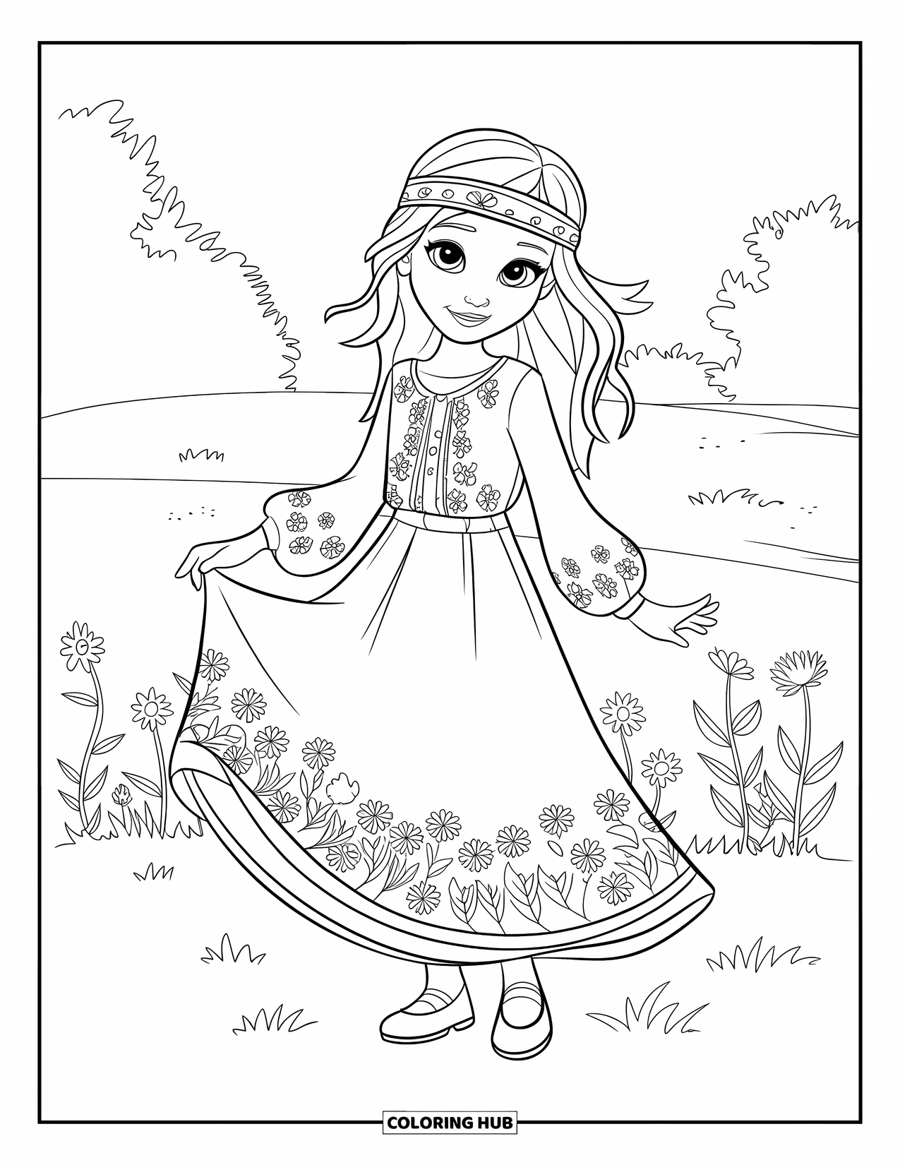 Disegno da colorare di moda per ragazze: una giovane donna alla moda con un abito boho e accessori si gode una calda e soleggiata atmosfera