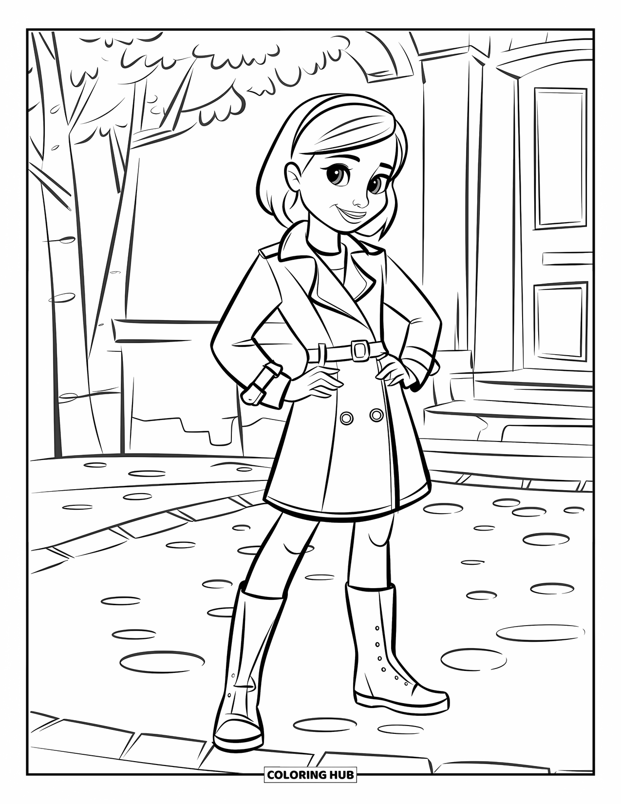 Disegno da colorare di moda per ragazze: una giovane donna alla moda con un cappotto e accessori moderni mostra sicurezza in una posa elegante