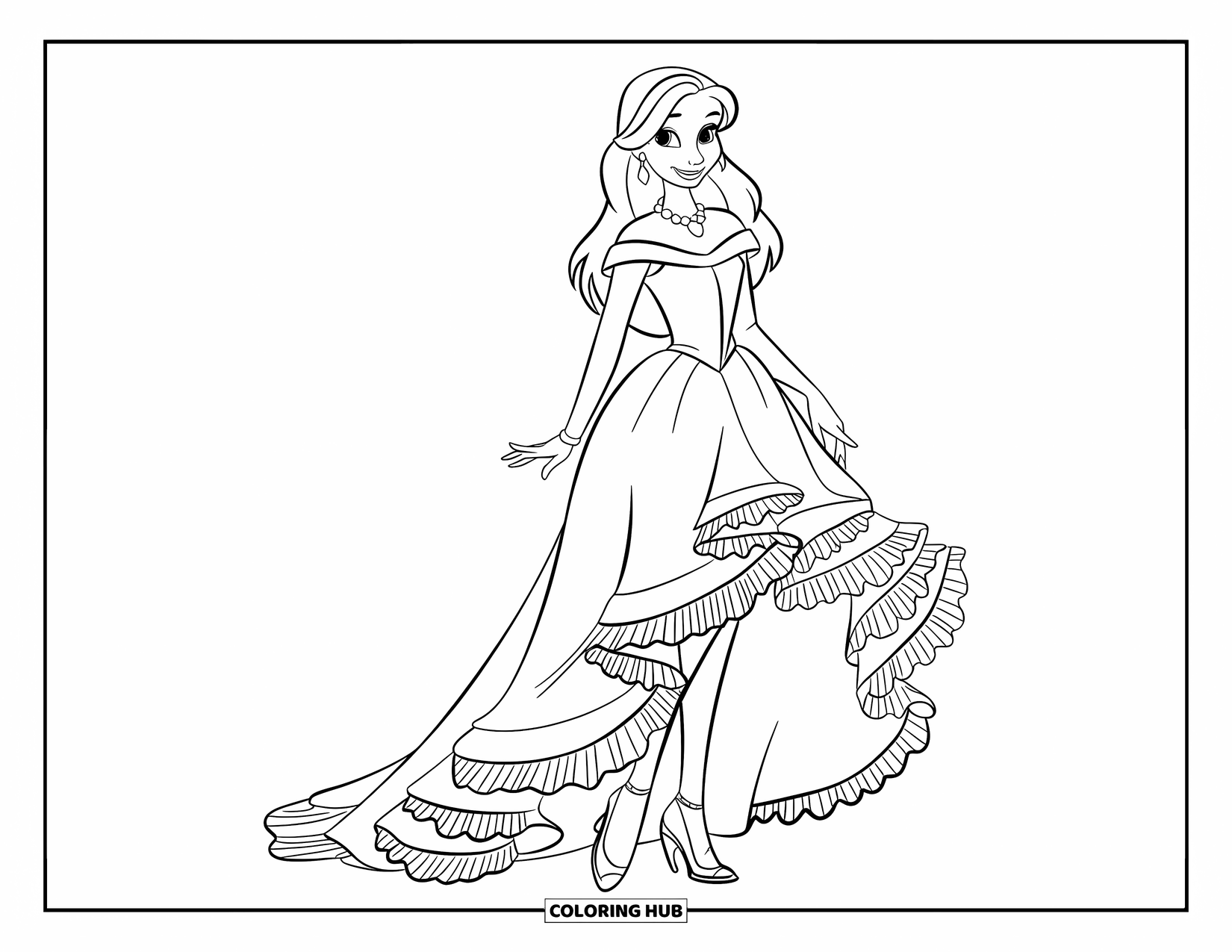 Disegno da colorare di moda per ragazze: una giovane donna alla moda in un abito con volant è in piedi con eleganza, mostrando un look senza tempo e raffinato