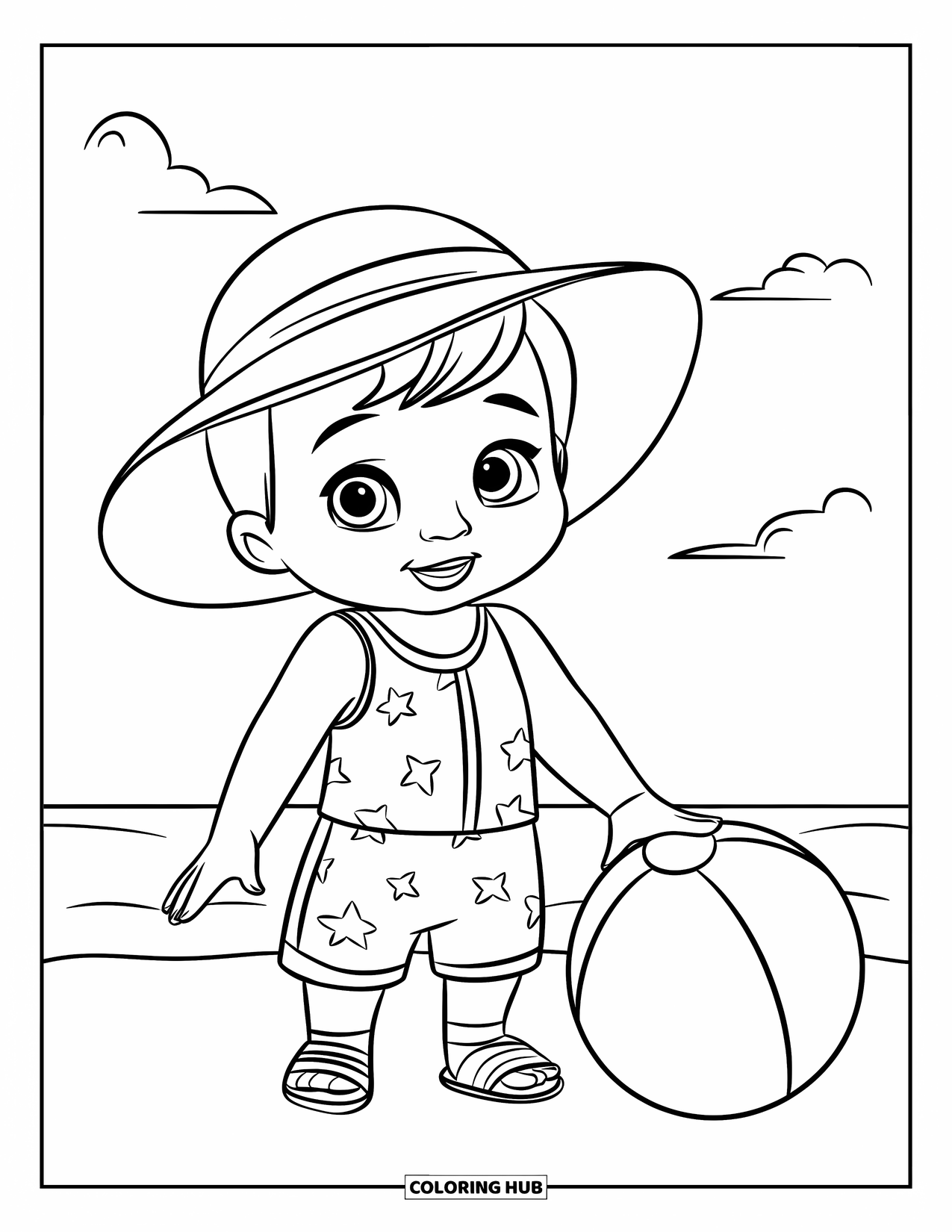 Disegno da colorare di moda per ragazze: una bambina con un vestito da spiaggia con un cappello da sole e sandali è in piedi giocosamente accanto a un pallone da spiaggia
