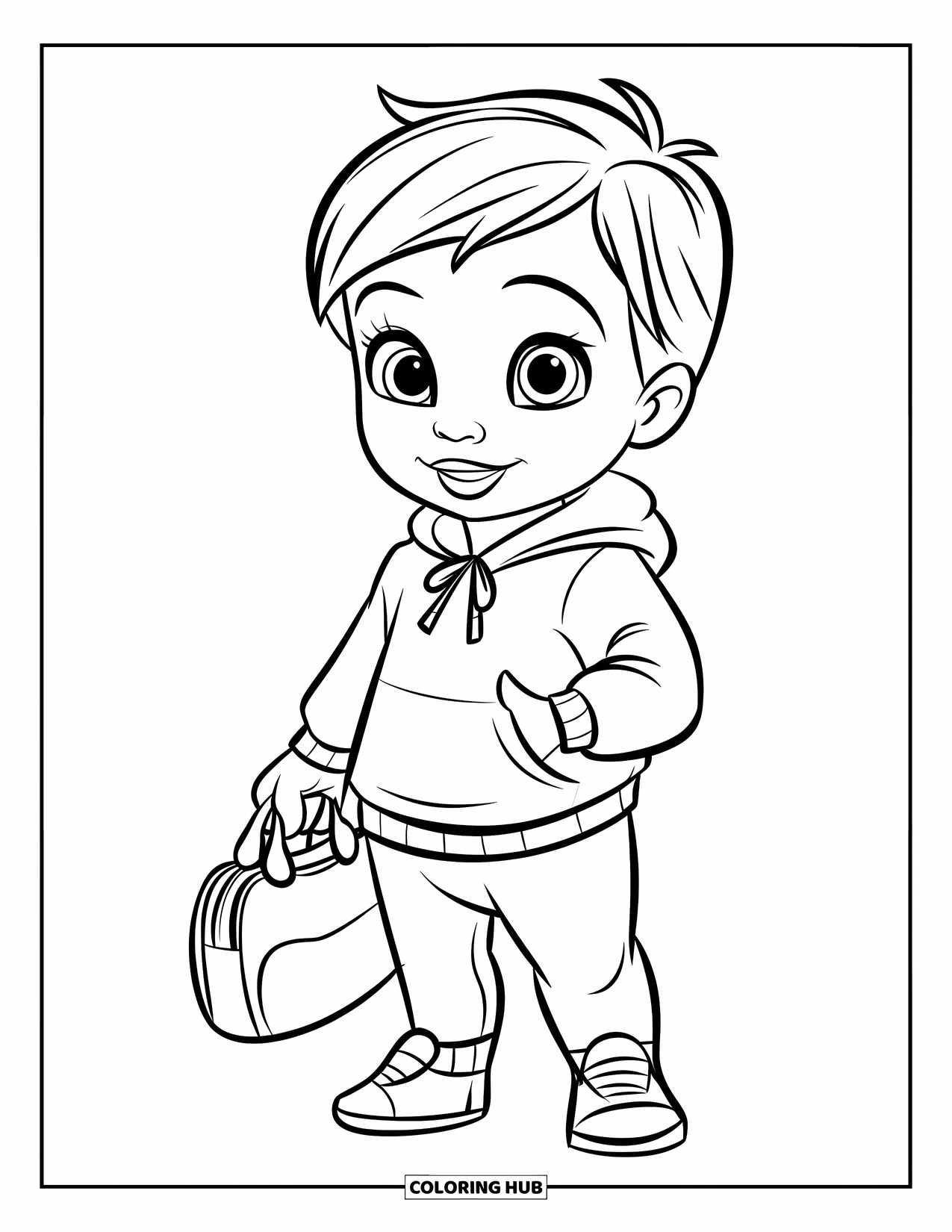 Disegno da colorare di moda per ragazze: una bambina con una felpa con cappuccio e leggings è in piedi felicemente, pronta per una divertente avventura all'aria aperta