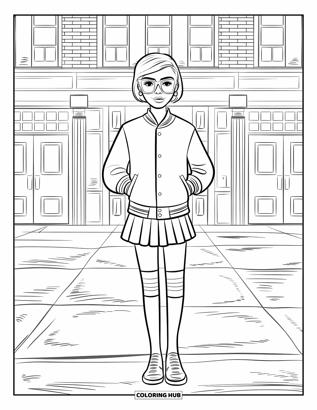 Disegno da colorare di moda per ragazze: un'adolescente alla moda con un abito ispirato alla scuola posa con sicurezza di fronte a un edificio in mattoni