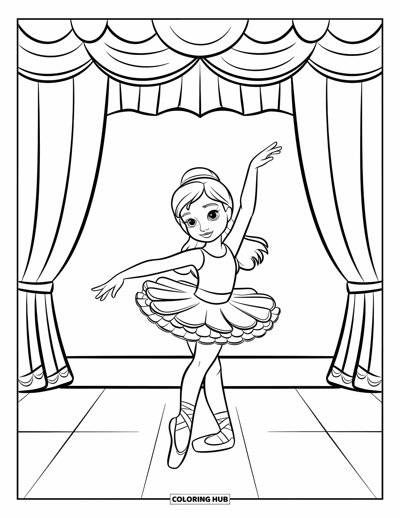 Disegno da colorare di moda per ragazze: una giovane ballerina in allenamento volteggia felicemente in un ambiente affascinante con eleganti elementi di danza