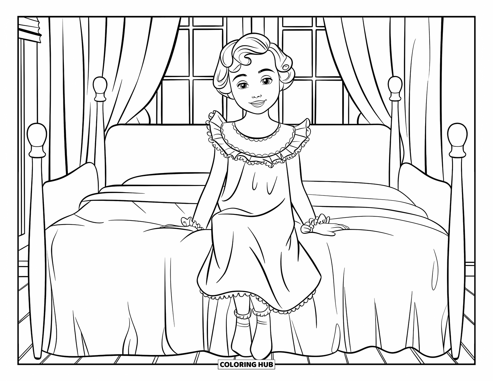 Disegno da colorare di moda per ragazze: una giovane ragazza in una delicata camicia da notte si gode un momento tranquillo in uno spazio splendidamente dettagliato