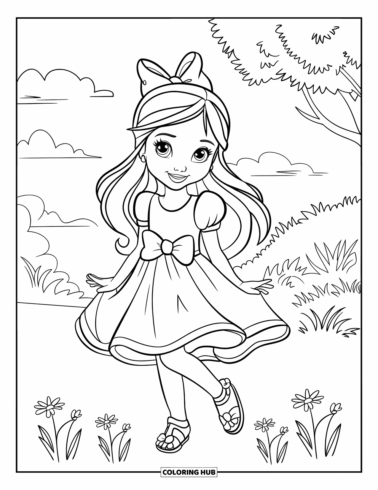 Disegno da colorare di moda per ragazze: una giovane ragazza con un abito fluente e sandali si gode un momento tranquillo circondata da fiori