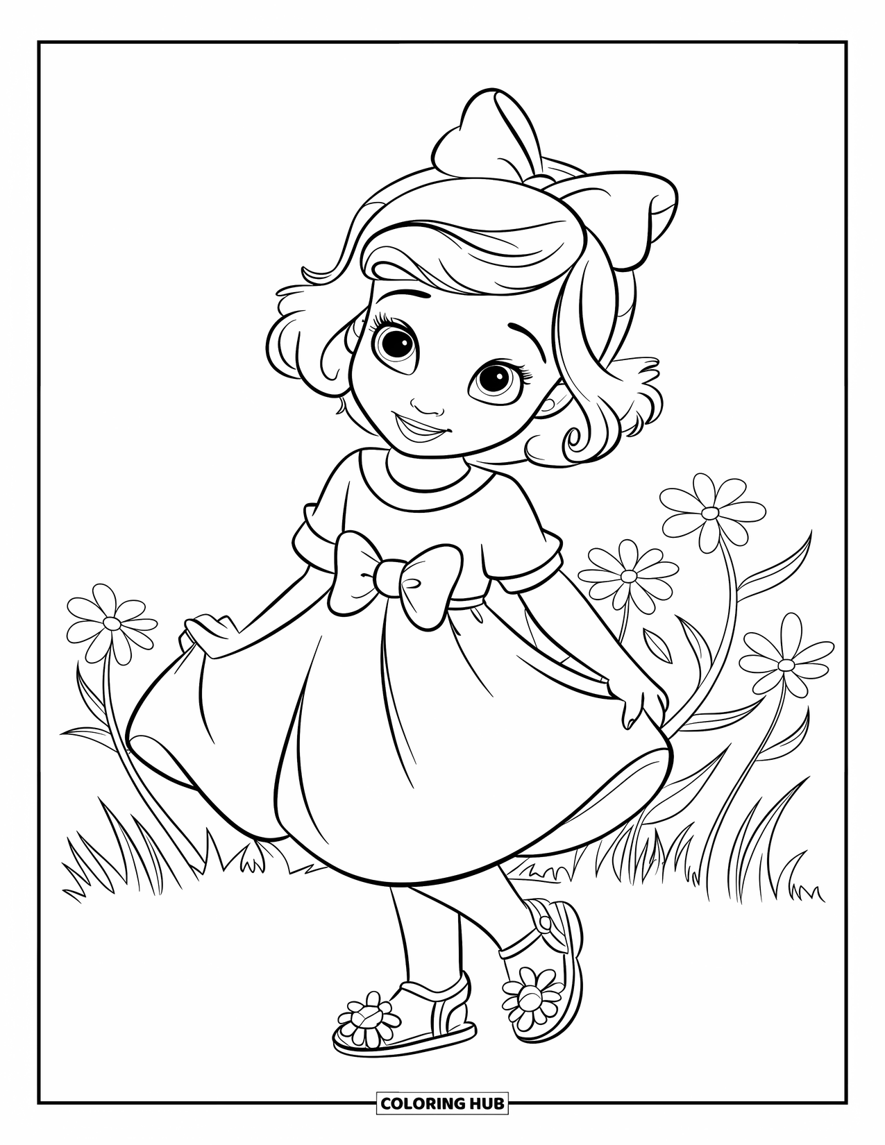 Disegno da colorare di moda per ragazze: una giovane ragazza con un vestito estivo con un grande fiocco e sandali si gode una giornata luminosa e soleggiata