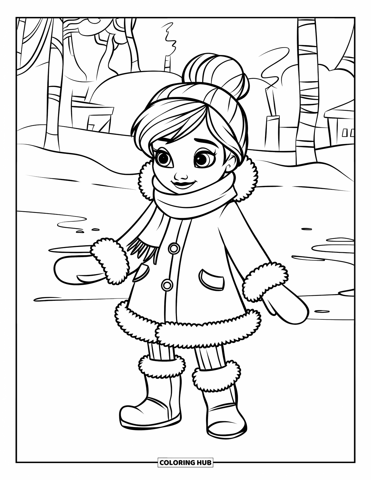 Disegno da colorare di moda per ragazze: una giovane ragazza con un abito invernale si gode felicemente una nevicata fresca e frizzante in uno sfondo panoramico