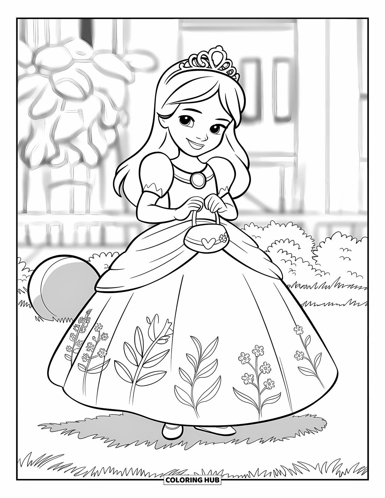 Disegno da colorare di moda per ragazze: una giovane principessa in un abito elegante si gode un momento regale in un ambiente bellissimo ed elegante