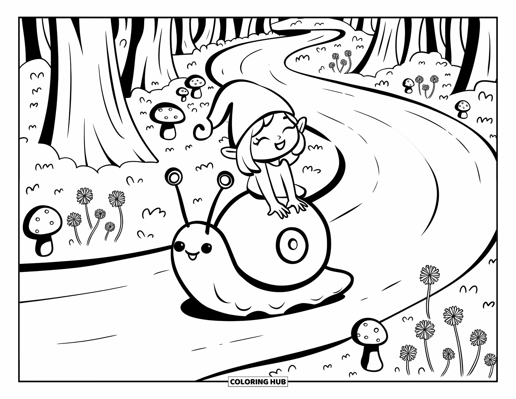 Desen de colorat cu fată gnom pentru adulți: O fată gnom veselă stă pe un melc, mișcându-se încet printr-o pajiște