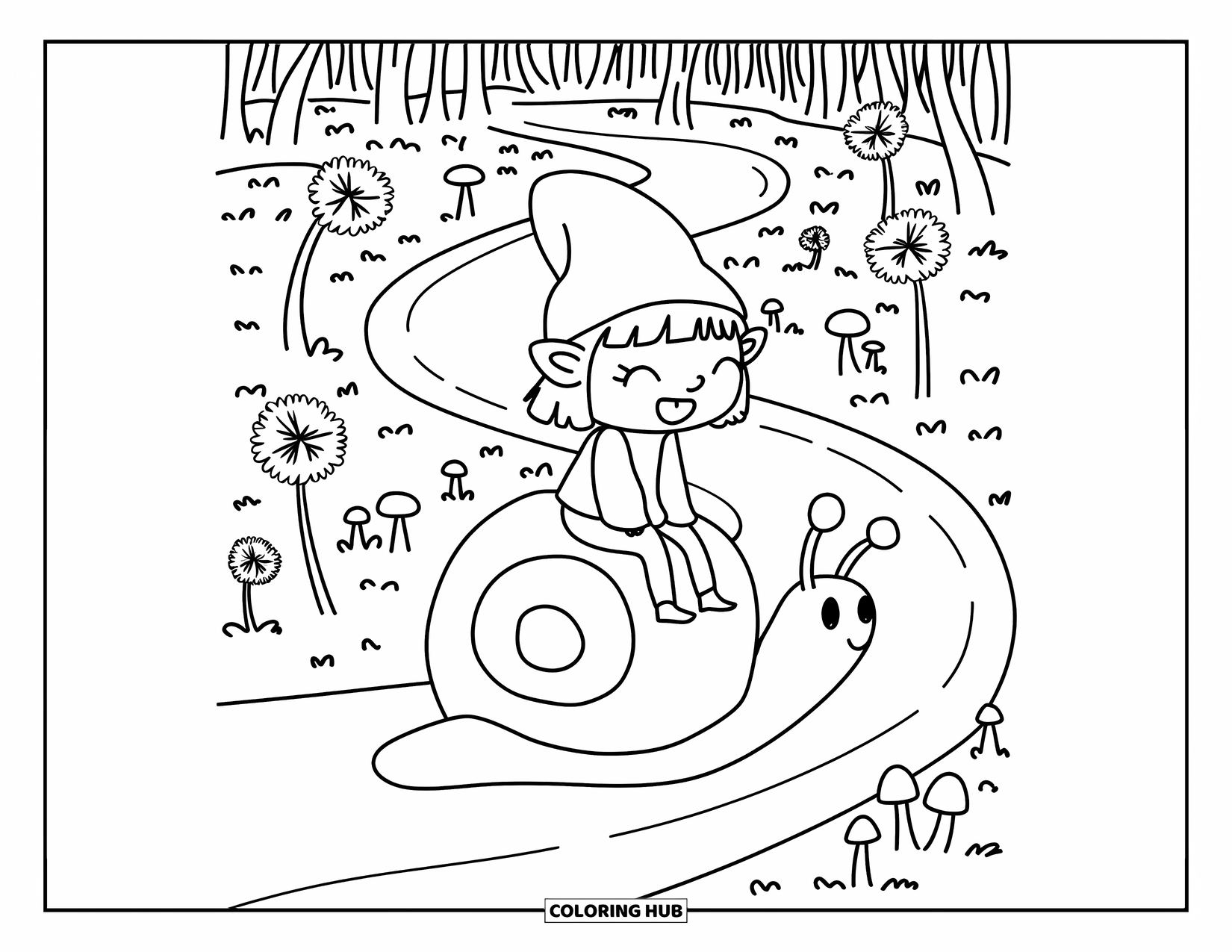 Desen de colorat cu fată gnom pentru adulți: O fată gnom chicotind călărește un melc blând de-a lungul unei poteci șerpuitoare prin pădure