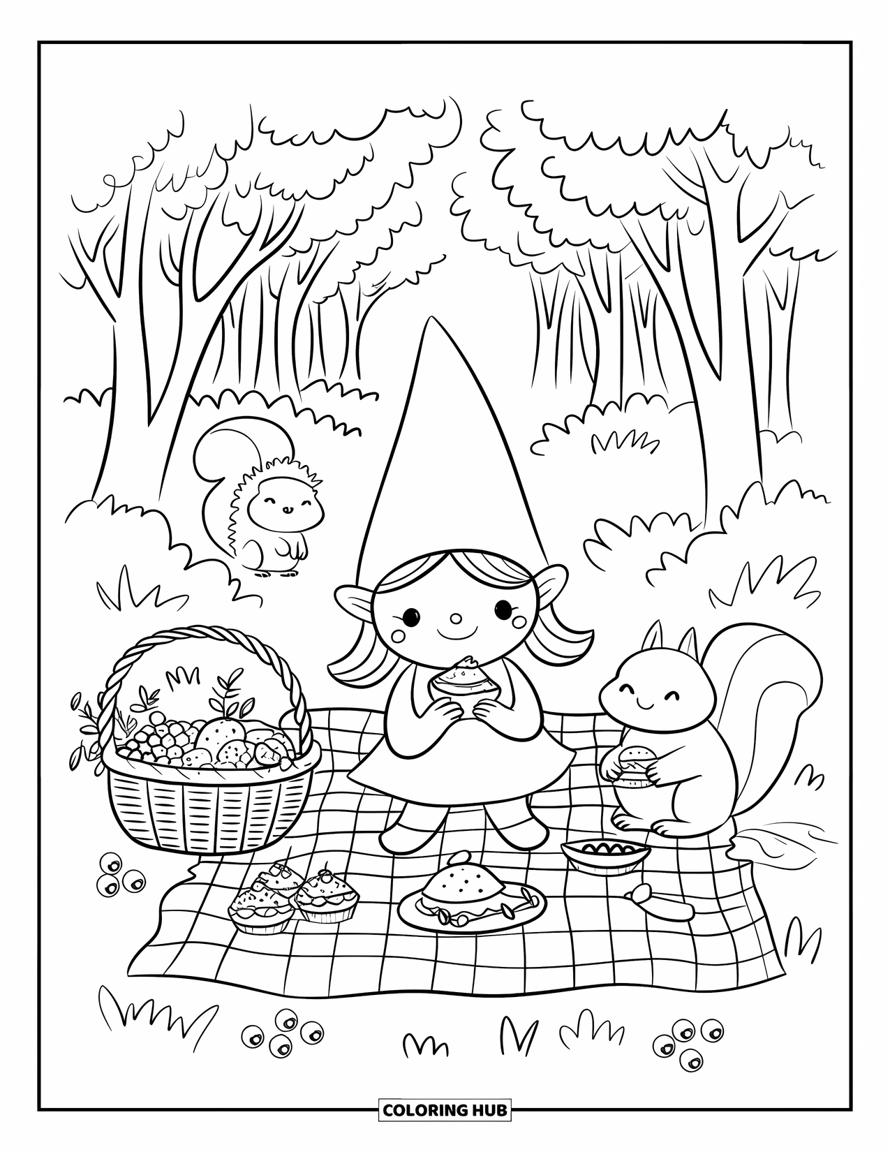Desen de colorat cu o gnomiță pentru adulți: O gnomiță, o veveriță și un arici iau o gustare împreună la un picnic în pădure