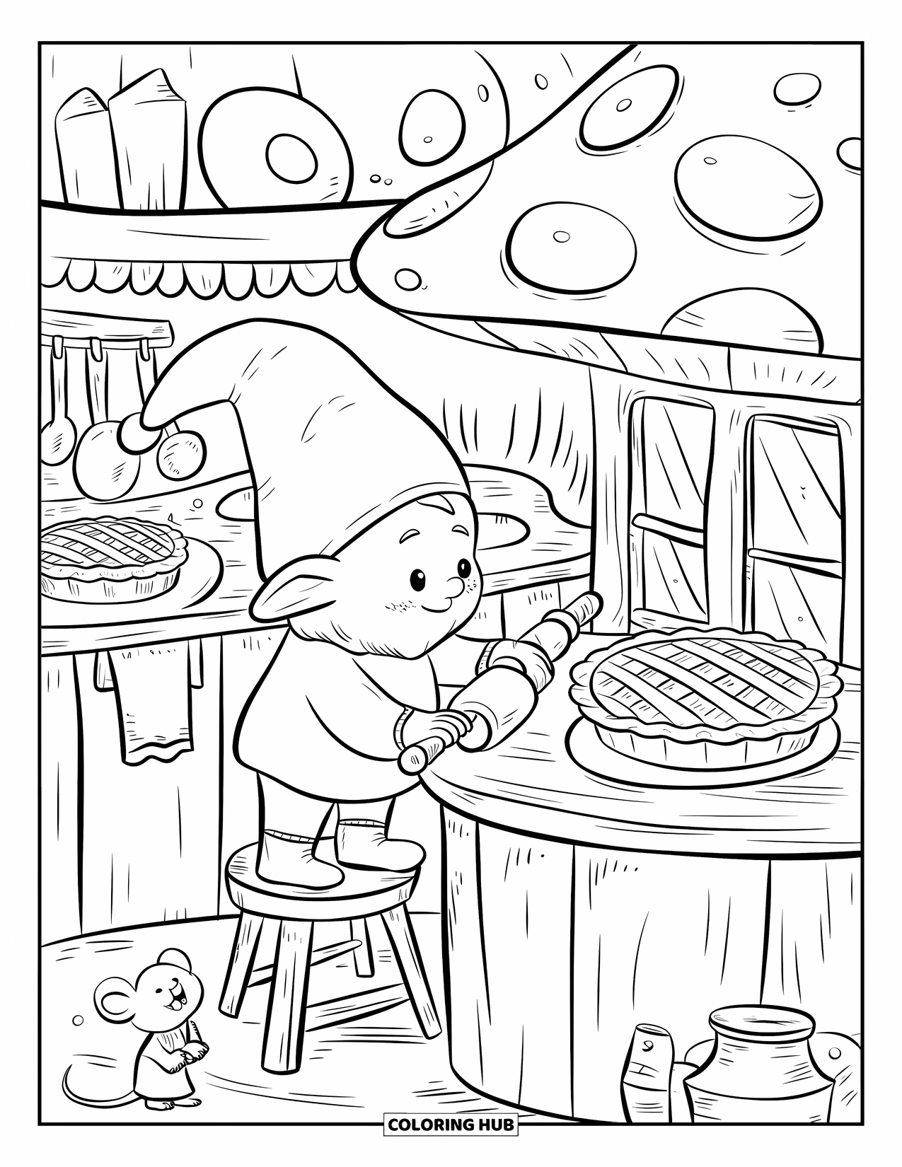 Desen de colorat cu fată gnom pentru adulți: O fată gnom coace într-o bucătărie rustică, cu o plăcintă la răcit pe pervazul ferestrei