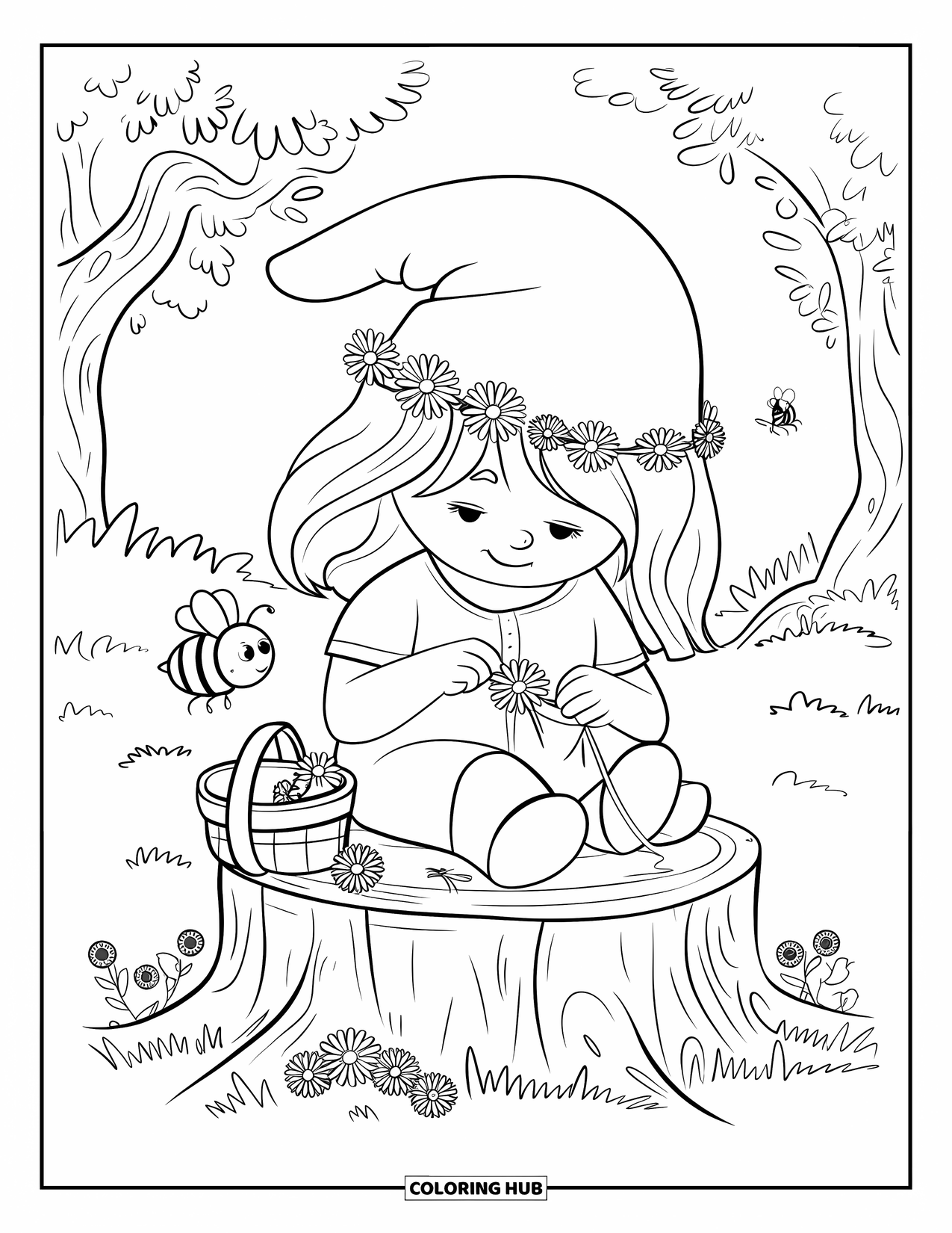 Desen de colorat cu fată gnom pentru adulți: O fată gnom creează cu grijă o coroană de flori, în timp ce un bondar bâzâie prin apropiere