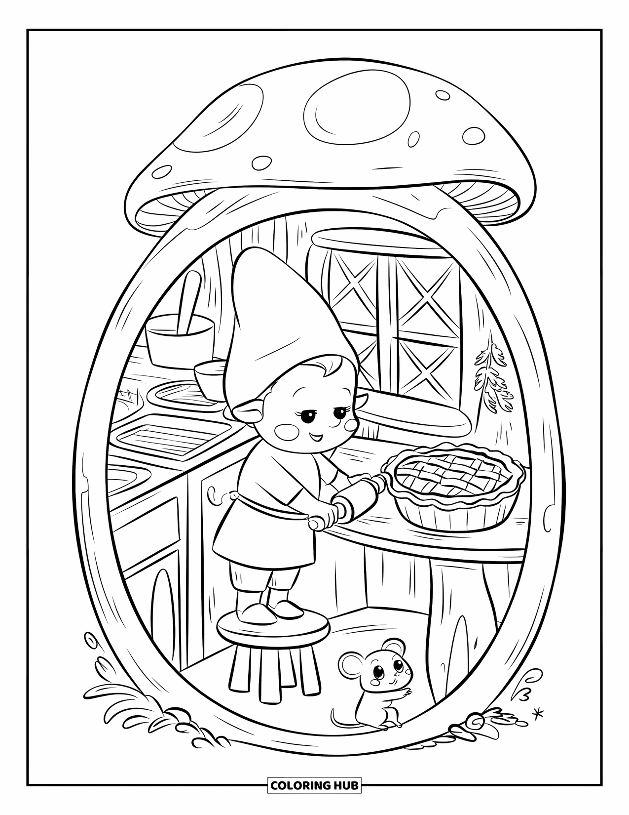 Desen de colorat cu o gnomiță pentru adulți: O gnomiță pregătește cu grijă aluatul în timp ce un șoricel mic se uită cu nerăbdare