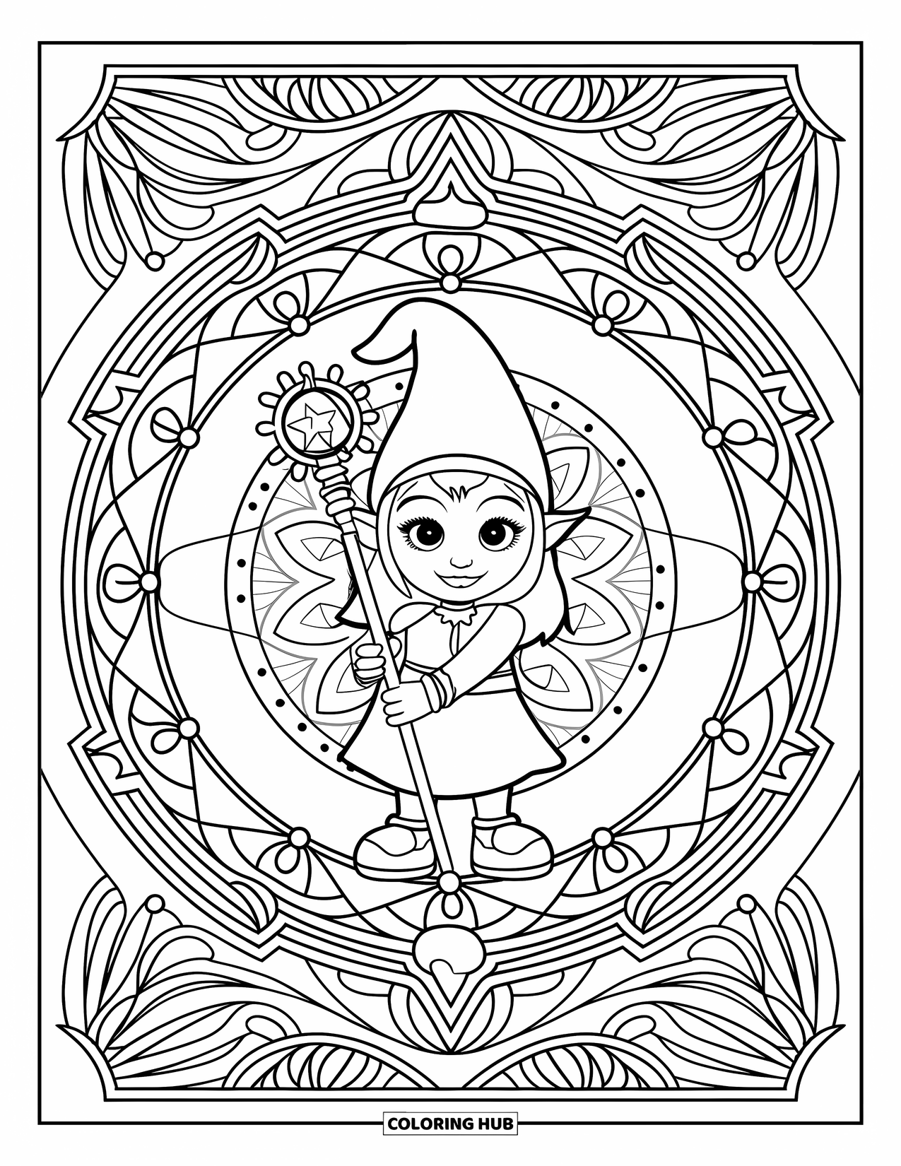 Desen de colorat cu fată gnom pentru adulți: O fată gnom creează o aură magică pe măsură ce modele complicate de mandala se formează în jurul ei