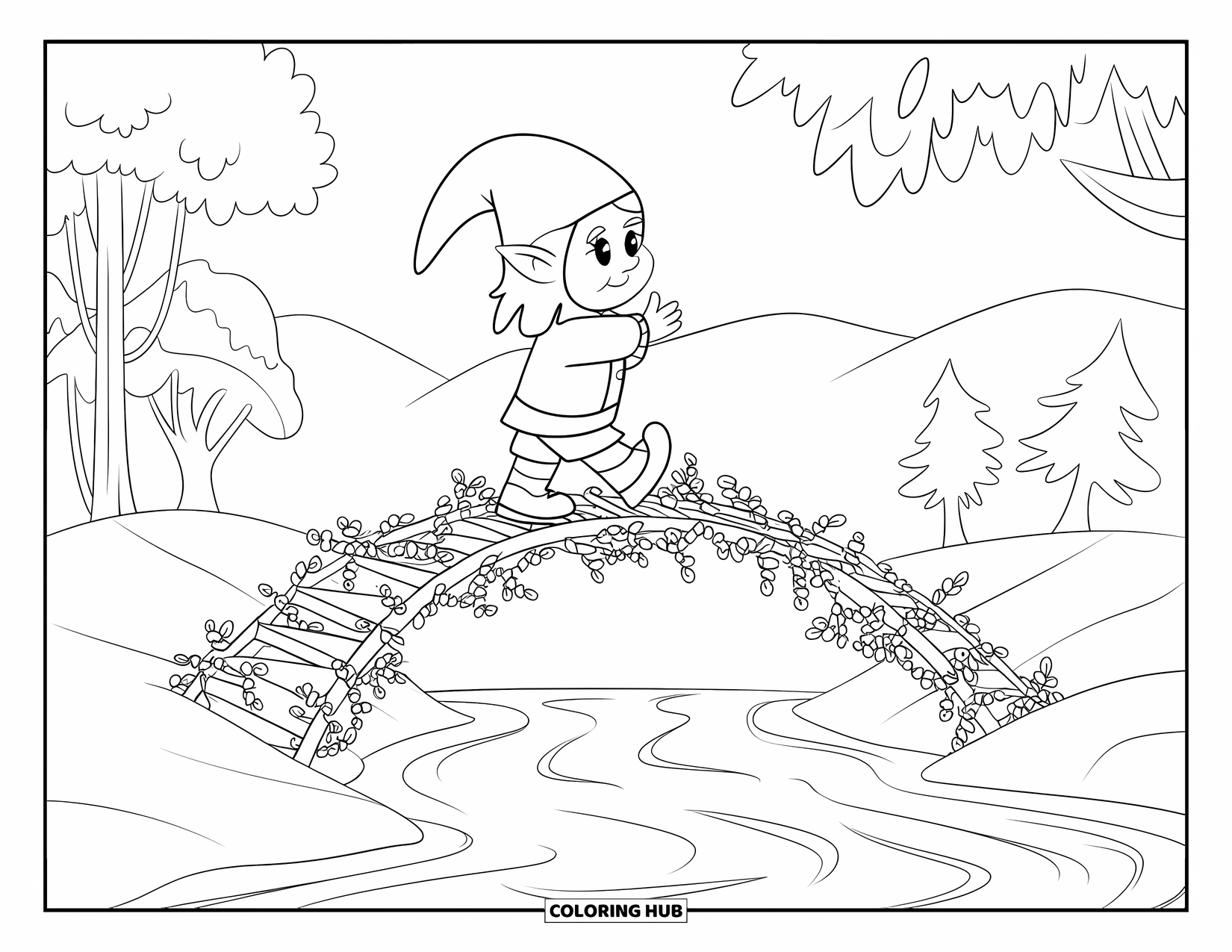 Desen de colorat cu fată gnom pentru adulți: O fată gnom traversează un pod de liane răsucite peste un râu calm, reflectoritor