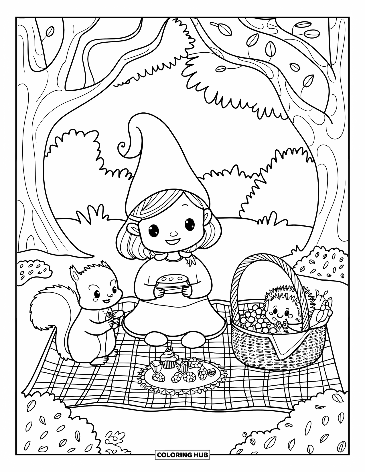 Desen de colorat cu fată gnom pentru adulți: O fată gnom se bucură de un picnic confortabil cu o veveriță și un arici în pădure