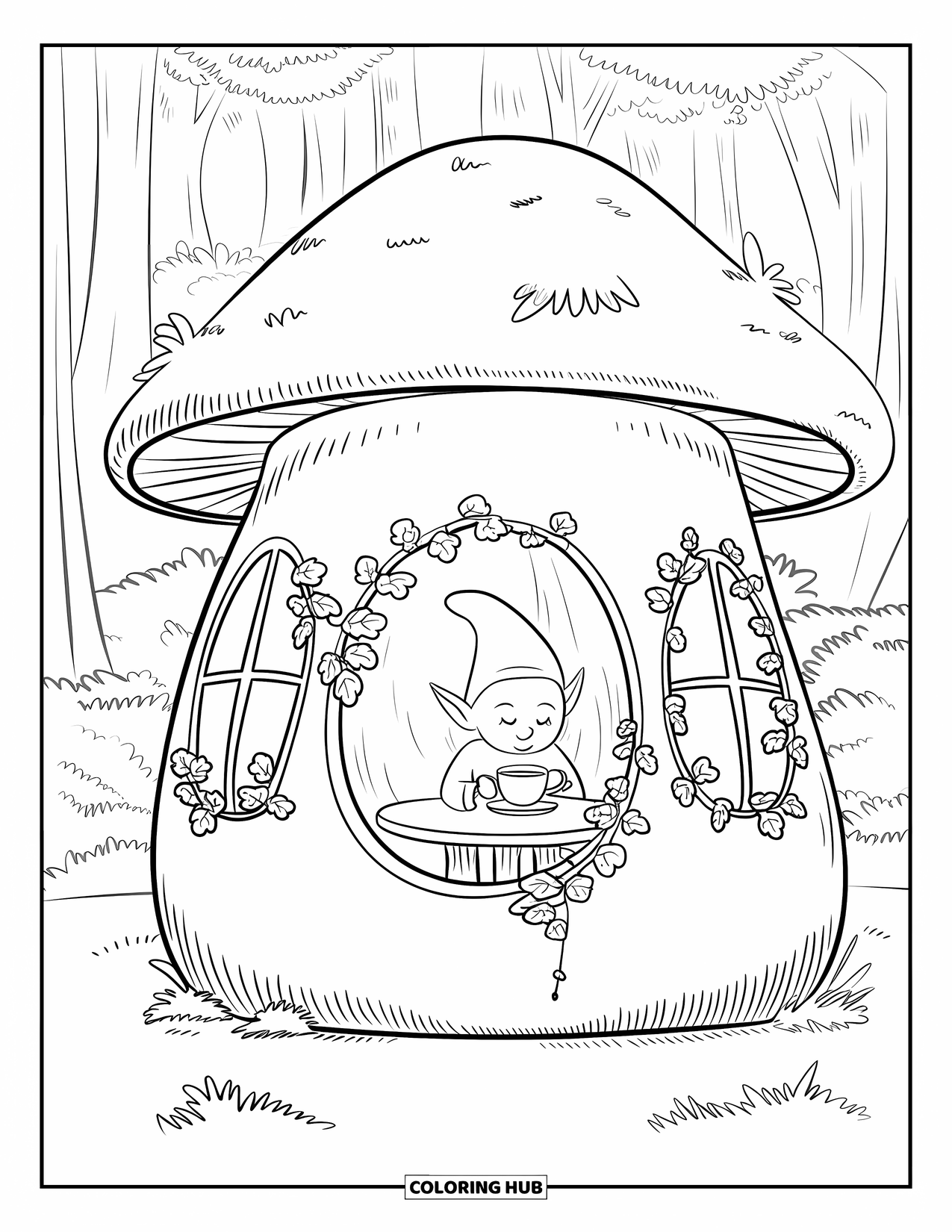 Desen de colorat cu fată gnom pentru adulți: O fată gnom se bucură de o pauză liniștită de ceai în casa ei ciupercă fermecătoare, învelită în iederă