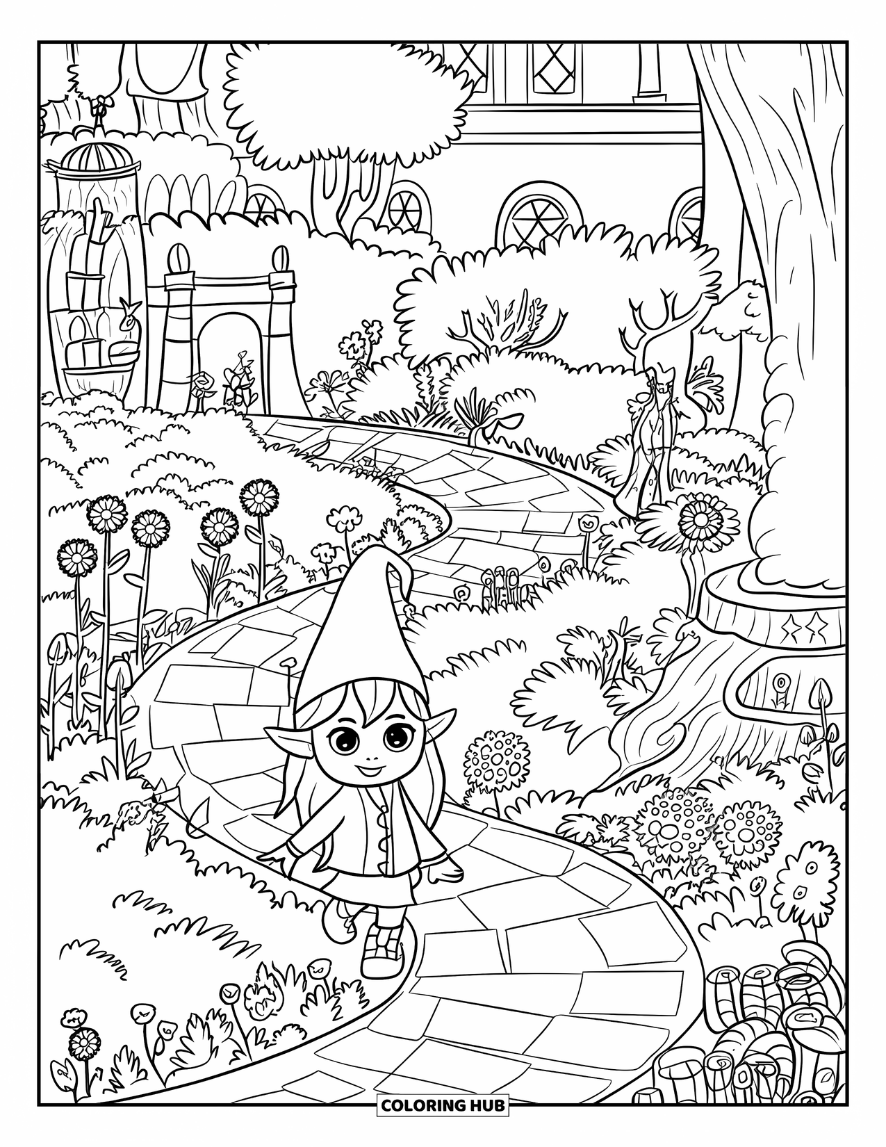 Desen de colorat cu fată gnom pentru adulți: O fată gnom urmează o potecă șerpuitoare din grădină care duce spre un castel acoperit cu iederă