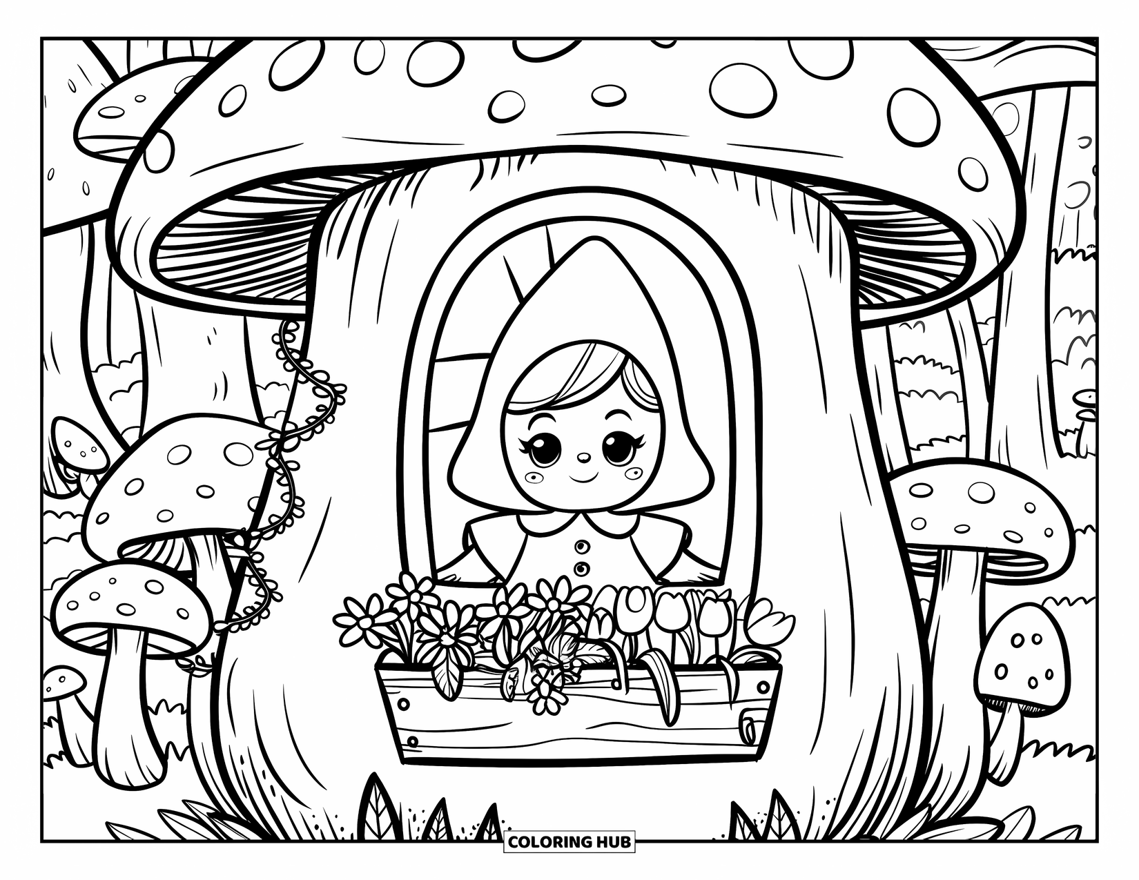 Desen de colorat cu fată gnom pentru adulți: O fată gnom cu bonetă se apleacă de la fereastra unei case ciupercă, încadrată de iederă și flori