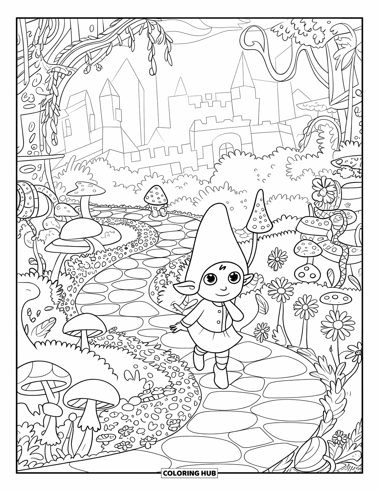 Desen de colorat cu fată gnom pentru adulți: O fată gnom într-o haină maro explorează o grădină mistică plină de ciuperci și liane