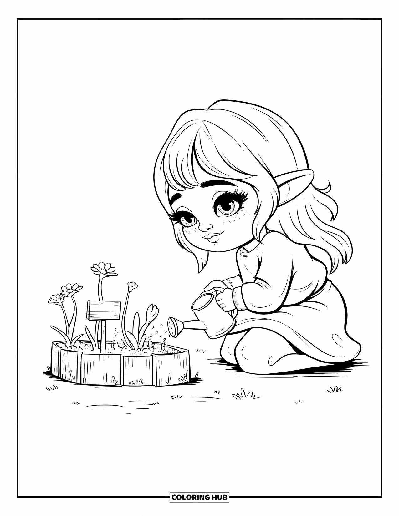 Desen de colorat cu o gnomiță pentru adulți: O gnomiță cu o eșarfă roz are grijă de stratul ei de flori, urmărind cum cresc vlăstarii