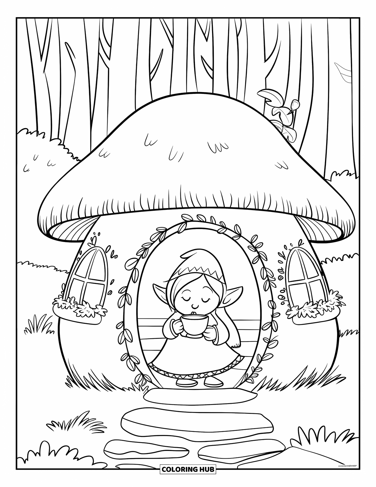 Desen de colorat cu fată gnom pentru adulți: O fată gnom într-un șal galben se bucură de o băutură caldă în casa ei din pădure
