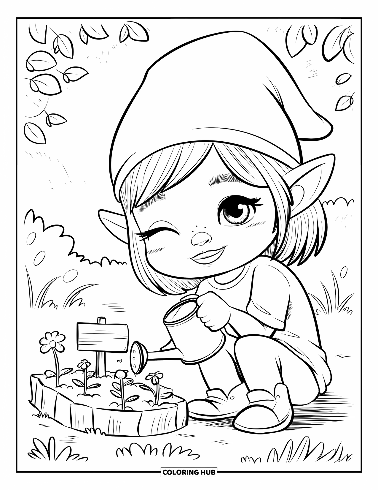 Desen de colorat cu o gnomiță pentru adulți: O gnomiță îngenunchează lângă plantele ei, udându-le cu grijă cu o stropitoare mică
