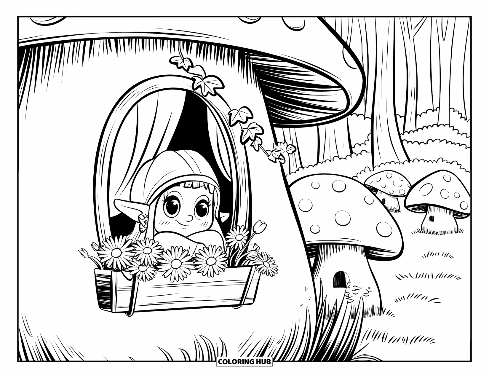 Desen de colorat cu fată gnom pentru adulți: O fată gnom se sprijină pe fereastra unei case ciupercă, înconjurată de iederă și flori înflorite
