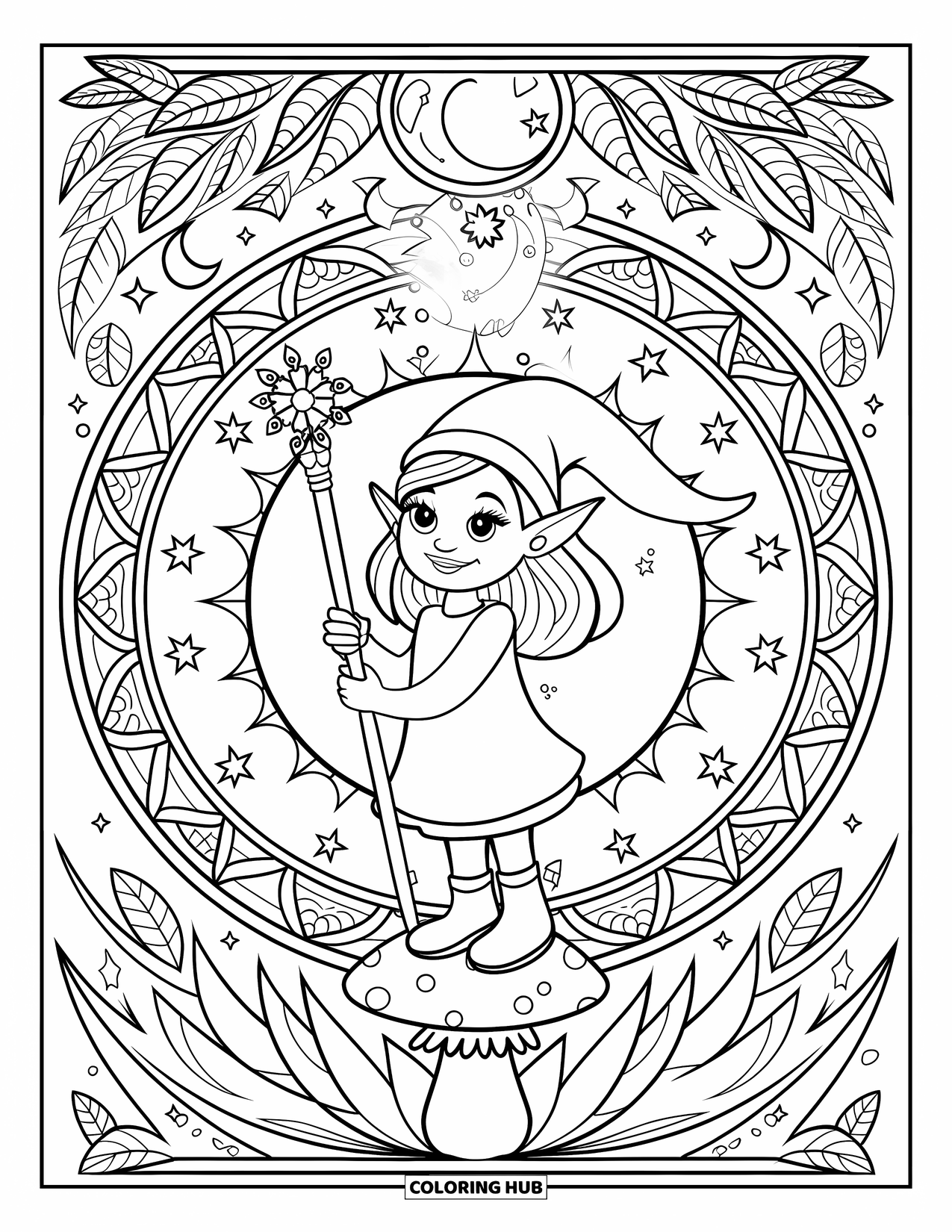 Desen de colorat cu fată gnom pentru adulți: O fată gnom pe o ciupercă ține un toiag, înconjurată de modele de mandala învârtite