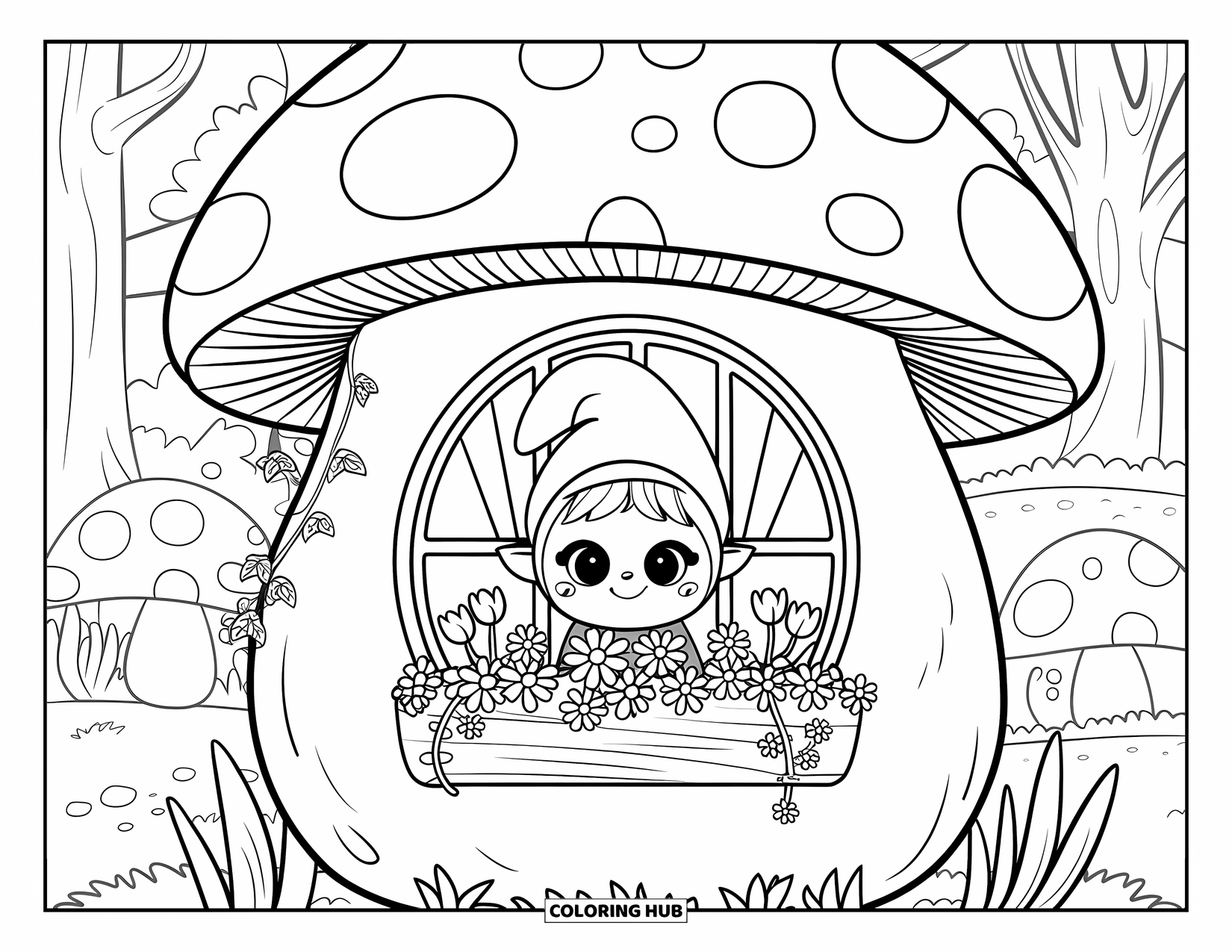 Desen de colorat cu fată gnom pentru adulți: O fată gnom se uită pe fereastra unei case ciupercă, sprijinindu-și bărbia pe mâini