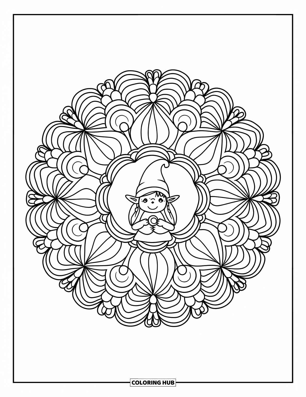 Desen de colorat cu fată gnom pentru adulți: O fată gnom stă în inima unei mandale florale, ținând în brațe o lumină strălucitoare