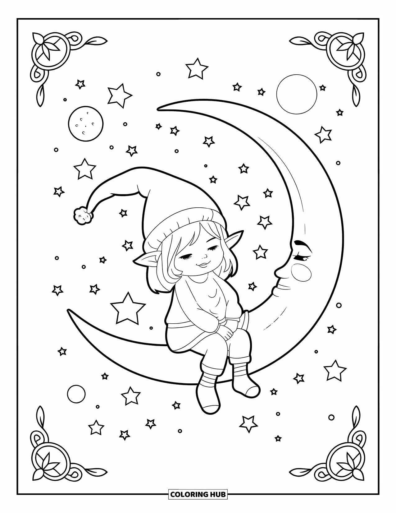 Desen de colorat cu fată gnom pentru adulți: O fată gnom stă pe o semilună, privind un cer plin de stele sclipitoare