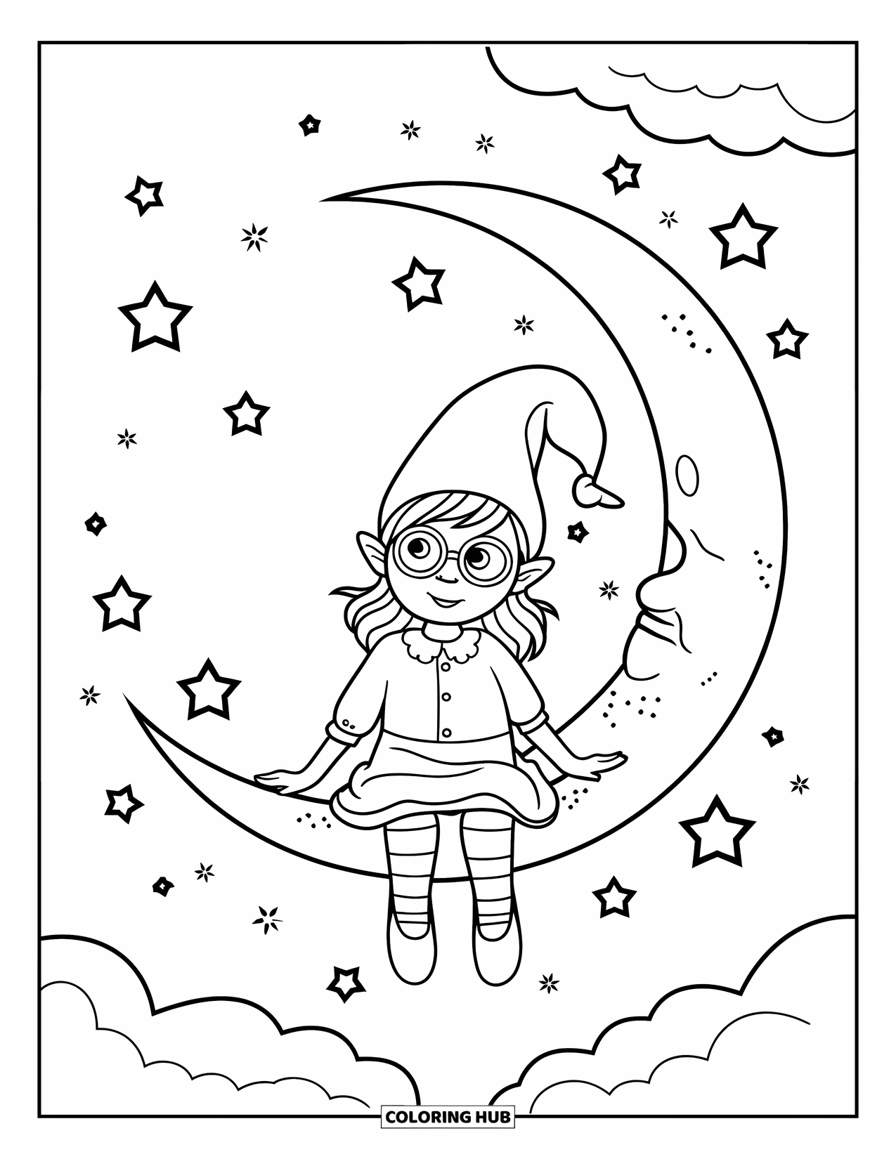Desen de colorat cu fată gnom pentru adulți: O fată gnom stă pe lună, înconjurată de nori plutitori și castele îndepărtate