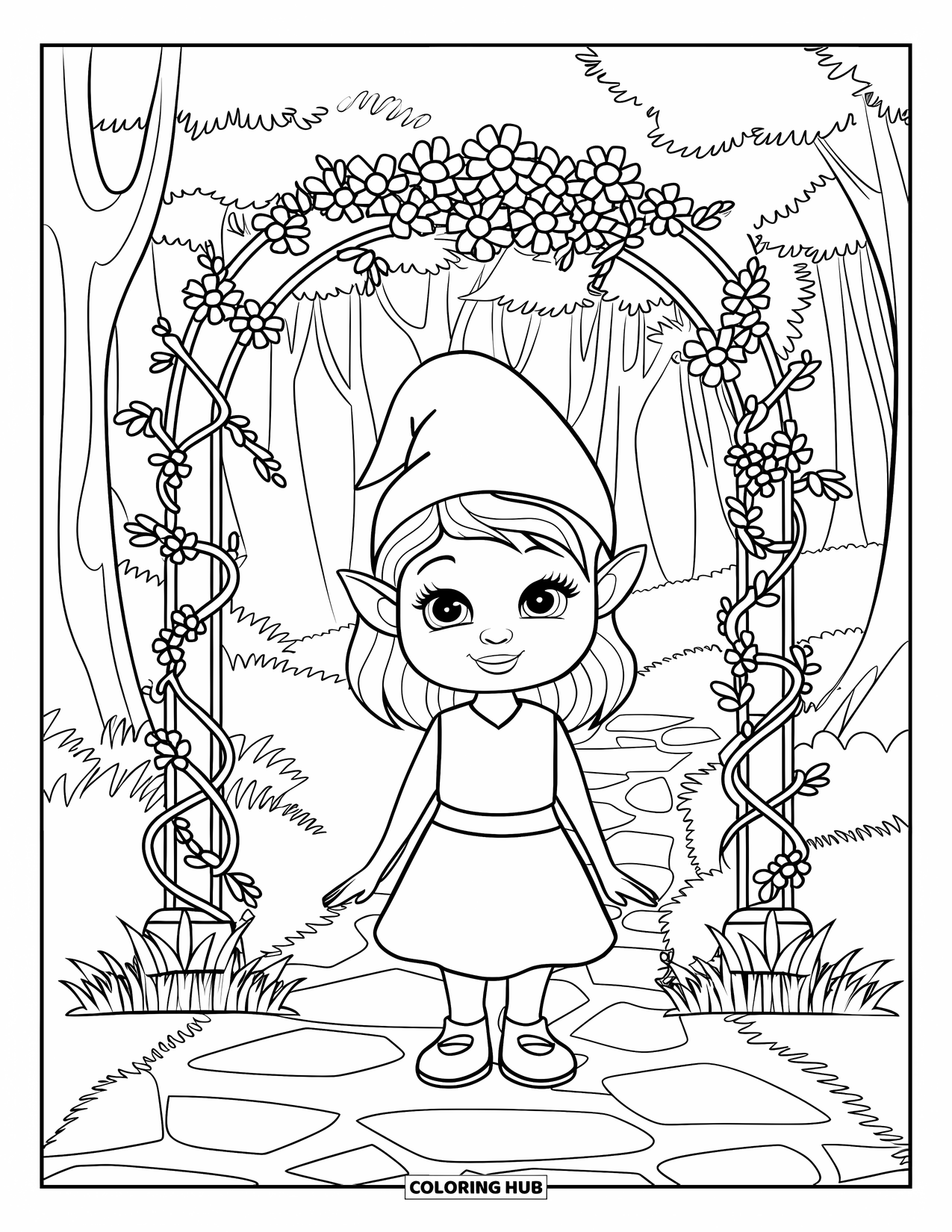 Desen de colorat cu fată gnom pentru adulți: O fată gnom stă la intrarea unei grădini magice, încadrată de liane răsucite