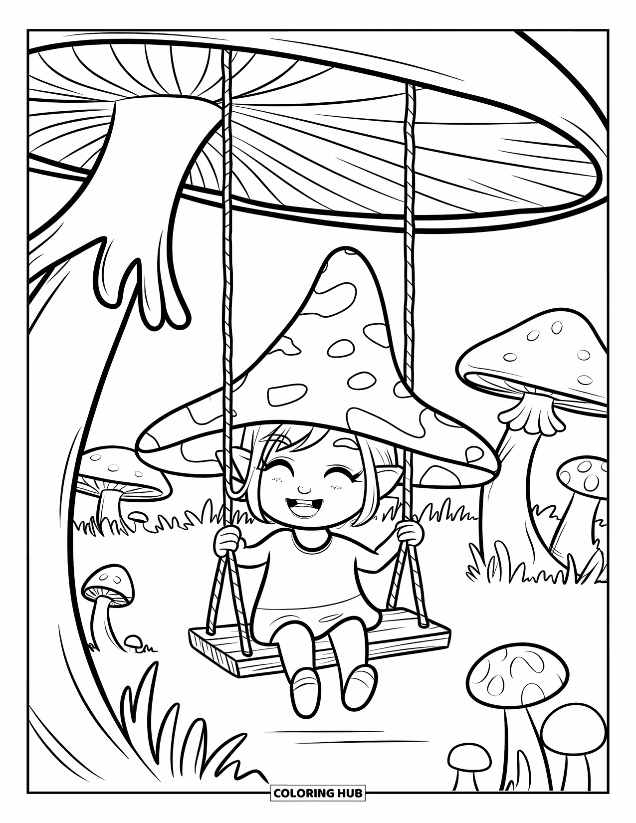 Desen de colorat cu fată gnom pentru adulți: O fată gnom se leagănă de pe tulpina unei ciuperci uriașe, lovind jucăuș cu picioarele