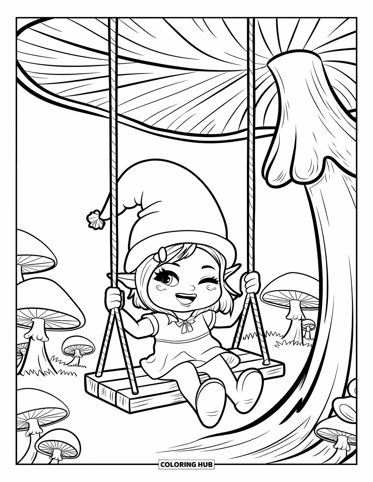 Desen de colorat cu o gnomiță pentru adulți: O gnomiță se leagănă bucuroasă sub o ciupercă uriașă într-o pădure magică