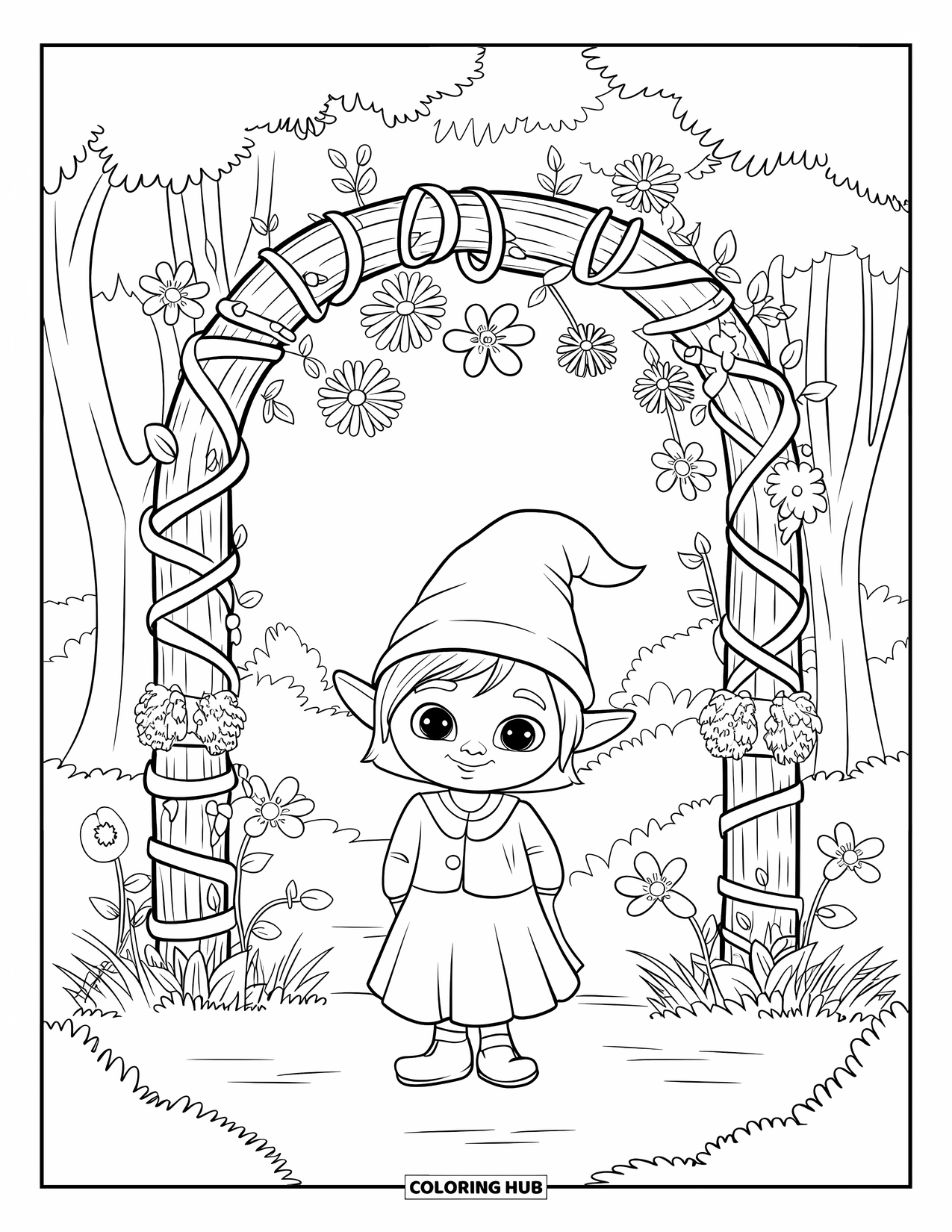 Desen de colorat cu fată gnom pentru adulți: O fată gnom merge sub un arc floral, înconjurată de o pădure luxuriantă de ciuperci