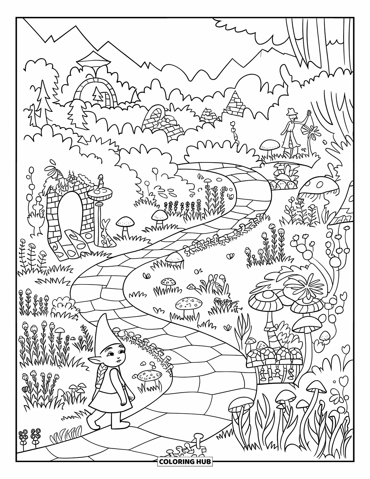 Desen de colorat cu fată gnom pentru adulți: O fată gnom rătăcește printr-o grădină fermecată cu statui de piatră și copaci antici