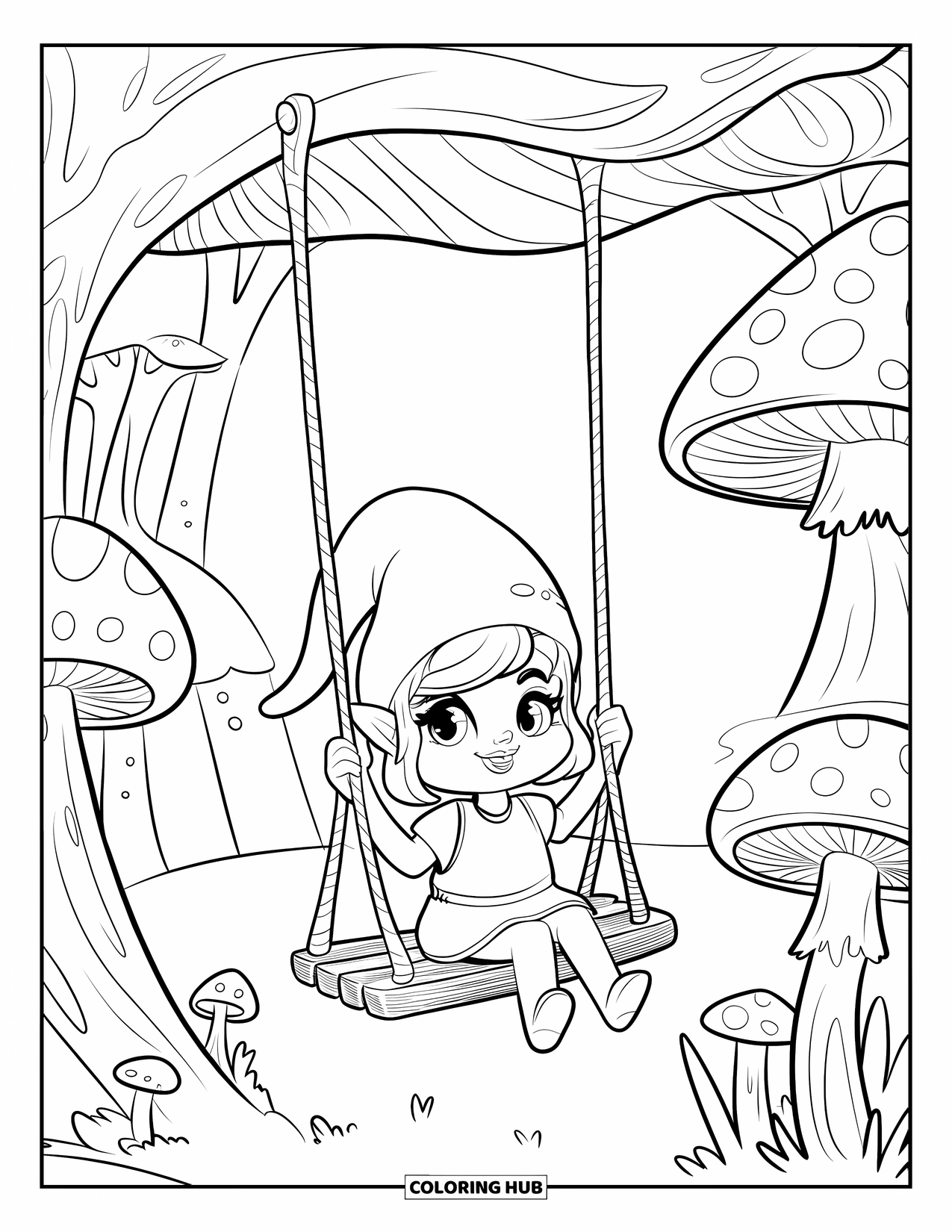 Desen de colorat cu fată gnom pentru adulți: O fată gnom cu o pălărie lăsată atârnă de o ciupercă uriașă, zâmbind