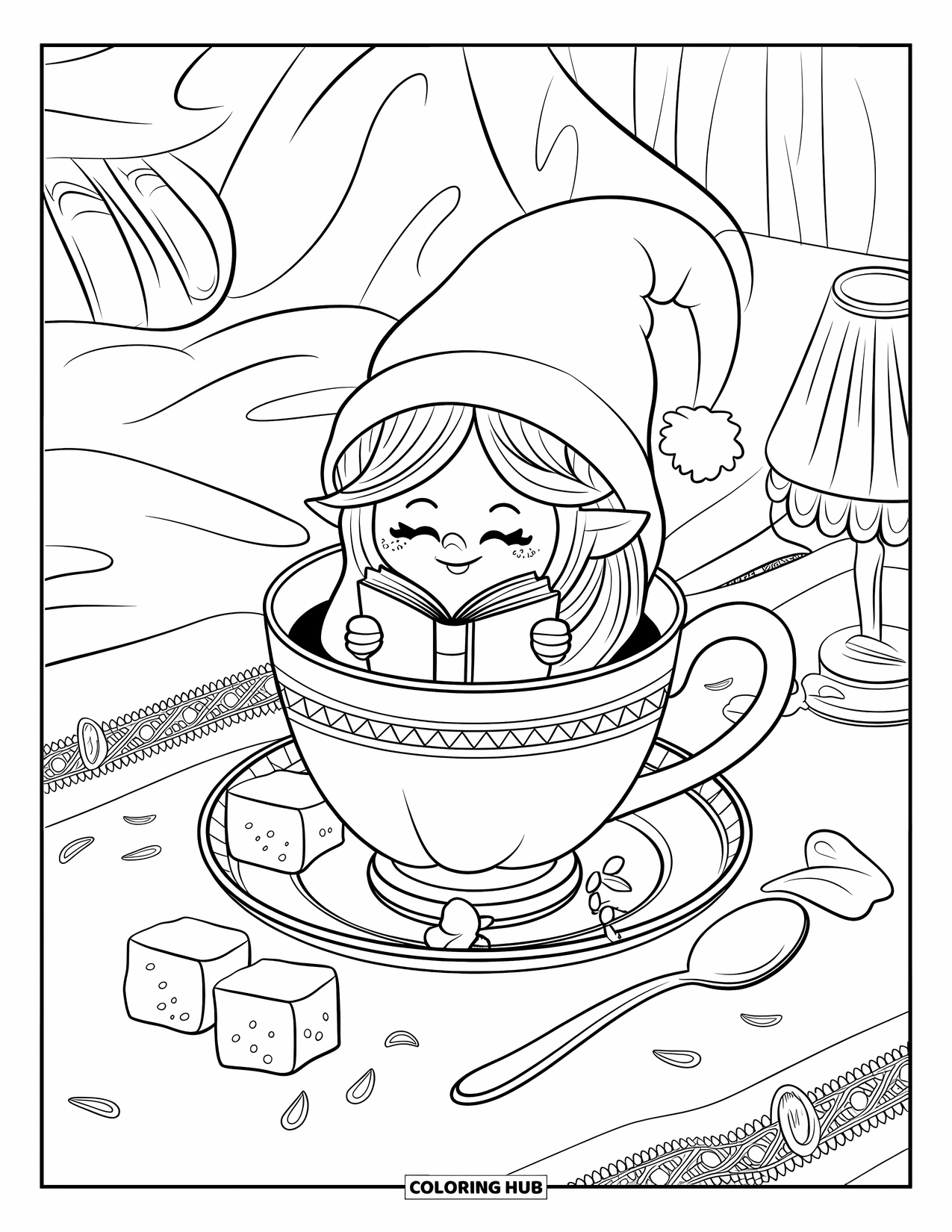Desen de colorat cu fată gnom pentru adulți: O fată gnom cu o pălărie verde se odihnește într-o ceașcă de ceai, pierdută în cartea ei