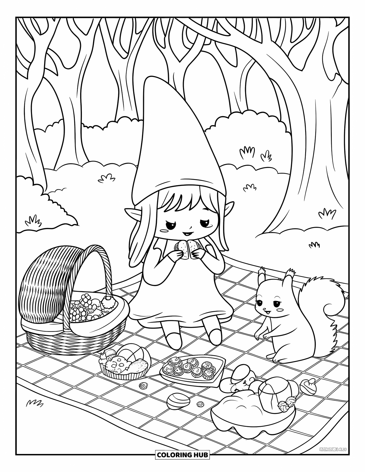 Desen de colorat cu fată gnom pentru adulți: O fată gnom cu o pălărie ascuțită se bucură de un picnic cu prietenii din pădure sub copaci arcuiți