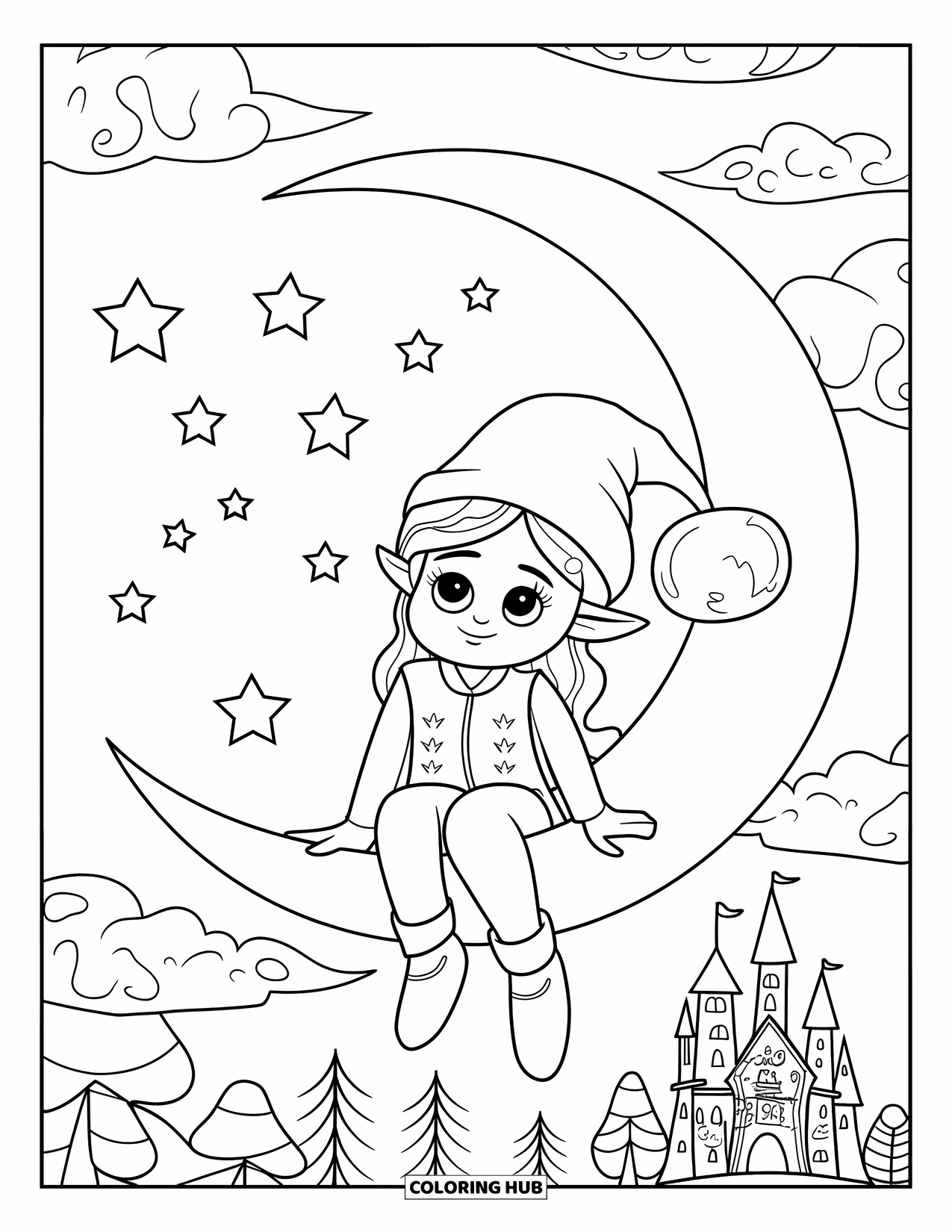 Desen de colorat cu fată gnom pentru adulți: O fată gnom cu ochelari se odihnește pe o semilună, admirând cerul de noapte visător