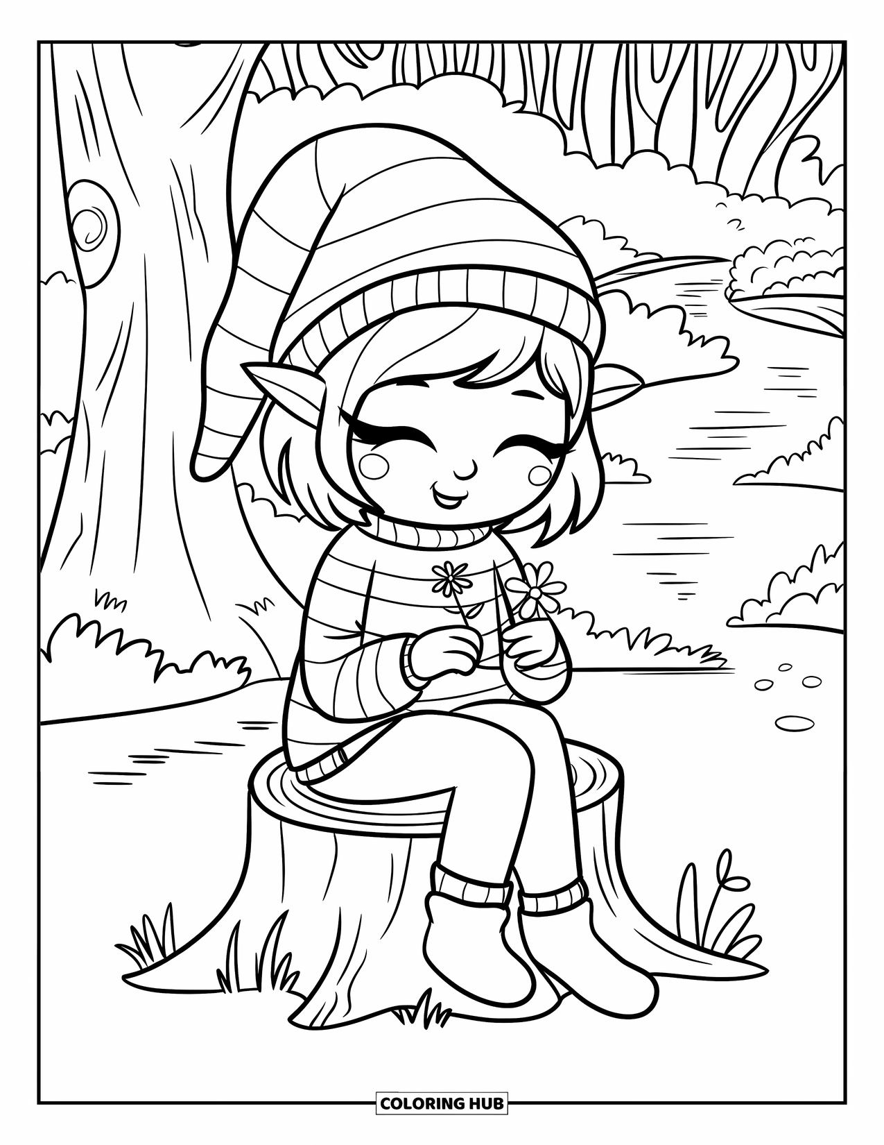 Desen de colorat cu o gnomiță pentru adulți: O gnomiță cu mâneci în dungi împletește flori într-o coroană delicată în pădure